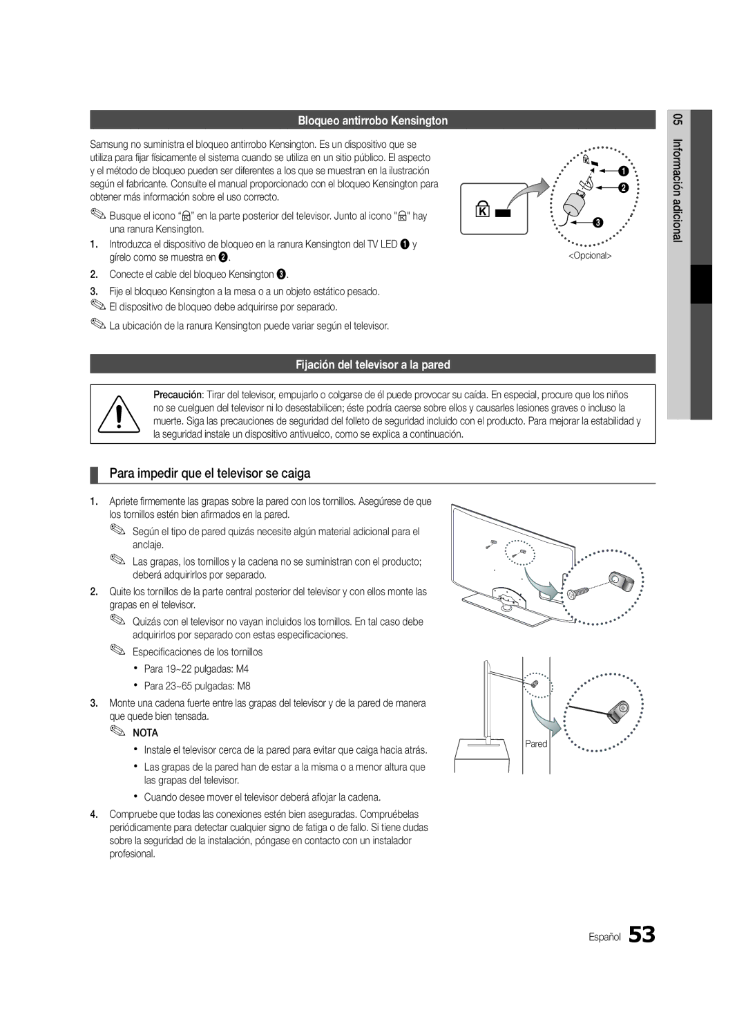 Samsung UE37C6620UWXXH, UE37C6600UWXXC manual Para impedir que el televisor se caiga, Bloqueo antirrobo Kensington, Opcional 