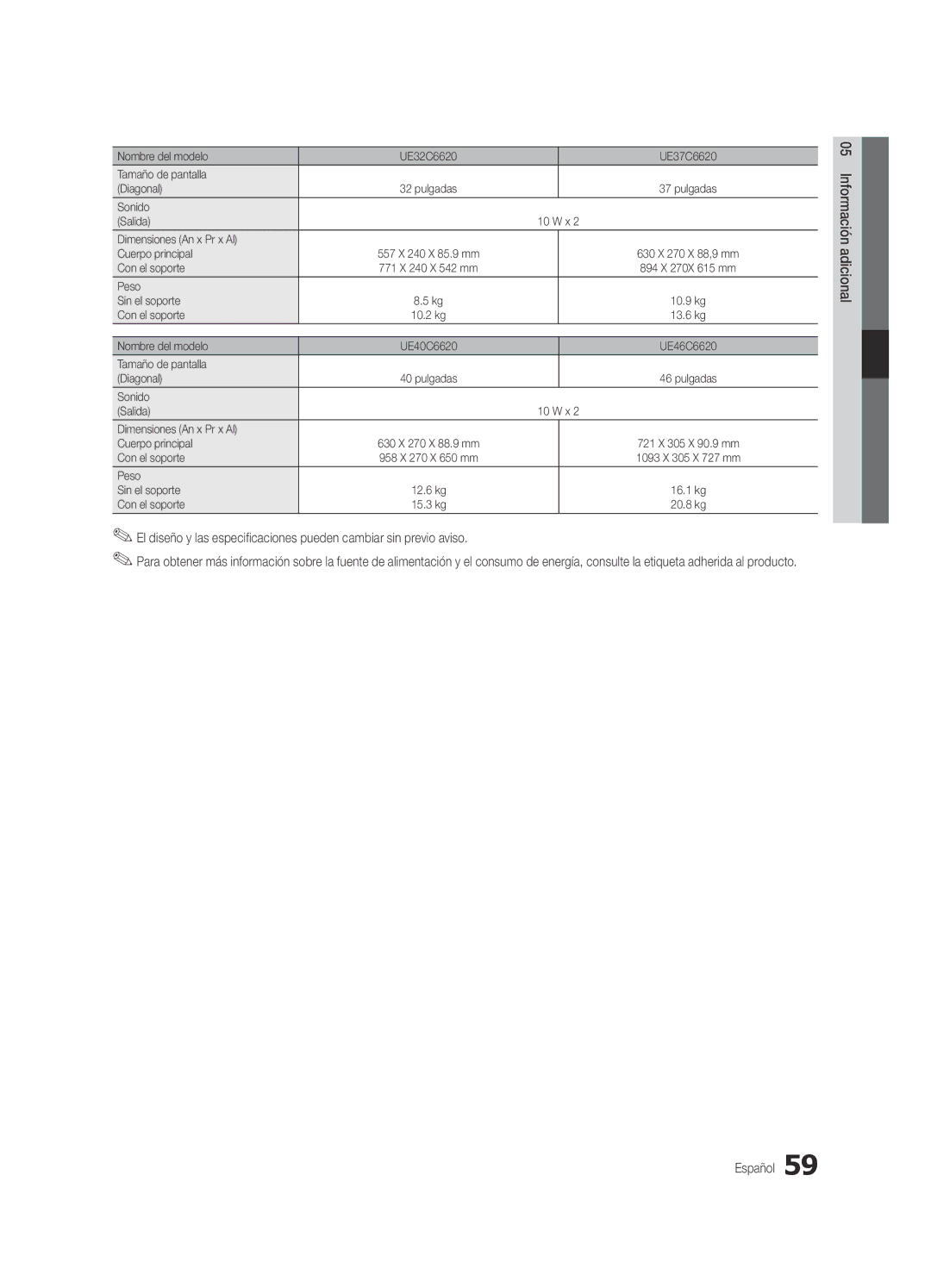 Samsung UE32C6540SWXXC, UE37C6600UWXXC, UE32C6600UWXXH, UE46C6600UWXXC manual 557 X 240 X 85.9 mm 630 X 270 X 88,9 mm 