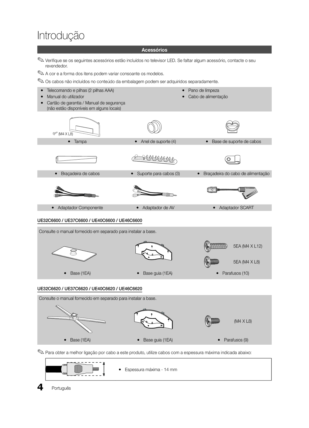 Samsung UE32C6600UWXXC Introdução, Acessórios, Yy Tampa Yy Anel de suporte, Yy Braçadeira de cabos Yy Suporte para cabos 