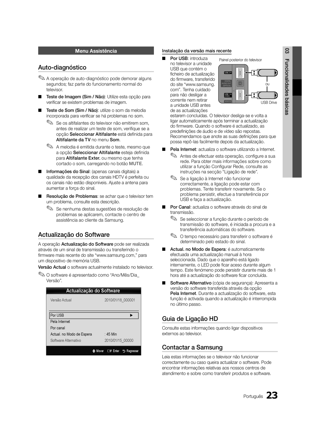 Samsung UE37C6620UWXXC, UE37C6600UWXXC Auto-diagnóstico, Actualização do Software, Guia de Ligação HD, Contactar a Samsung 