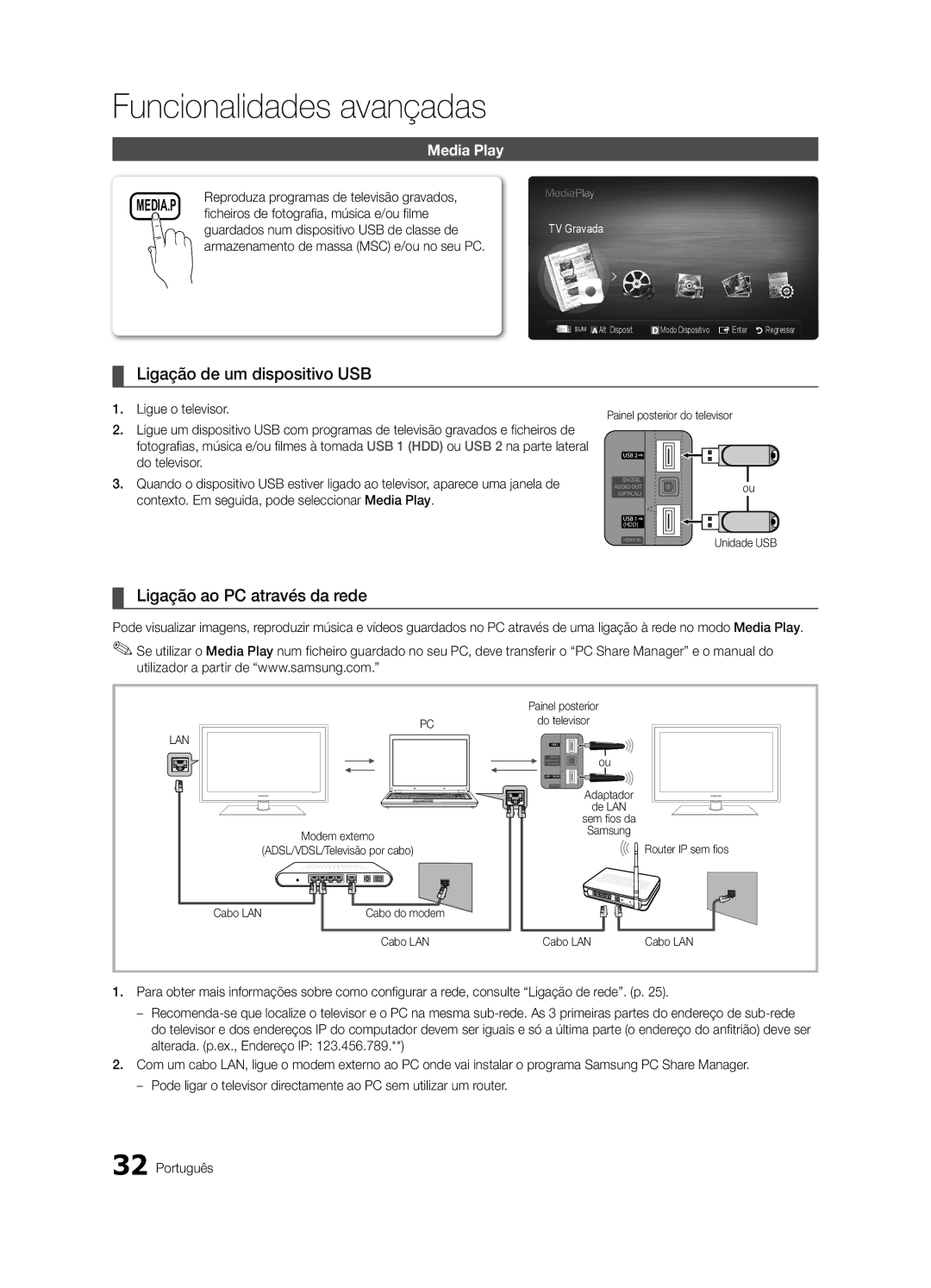 Samsung UE32C6620UWXXH, UE37C6600UWXXC, UE32C6600UWXXH manual Ligação de um dispositivo USB, Ligação ao PC através da rede 