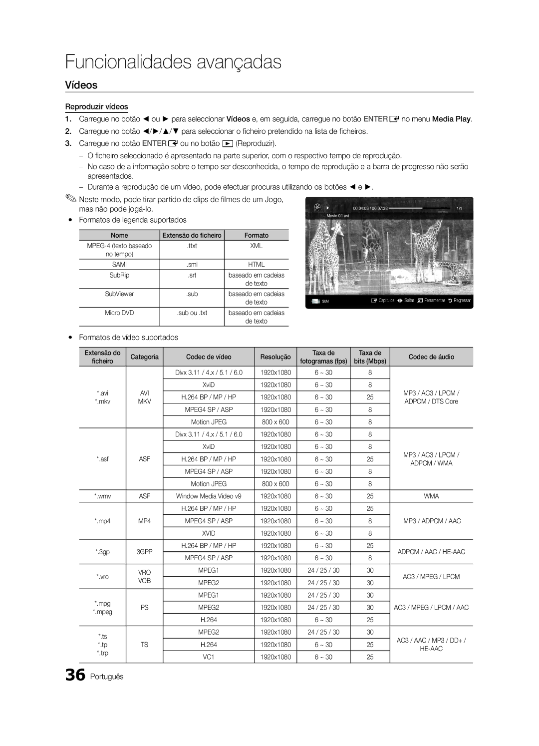 Samsung UE37C6600UWXXC manual Formatos de legenda suportados, Formatos de vídeo suportados, Codec de vídeo, 264 1920x1080 