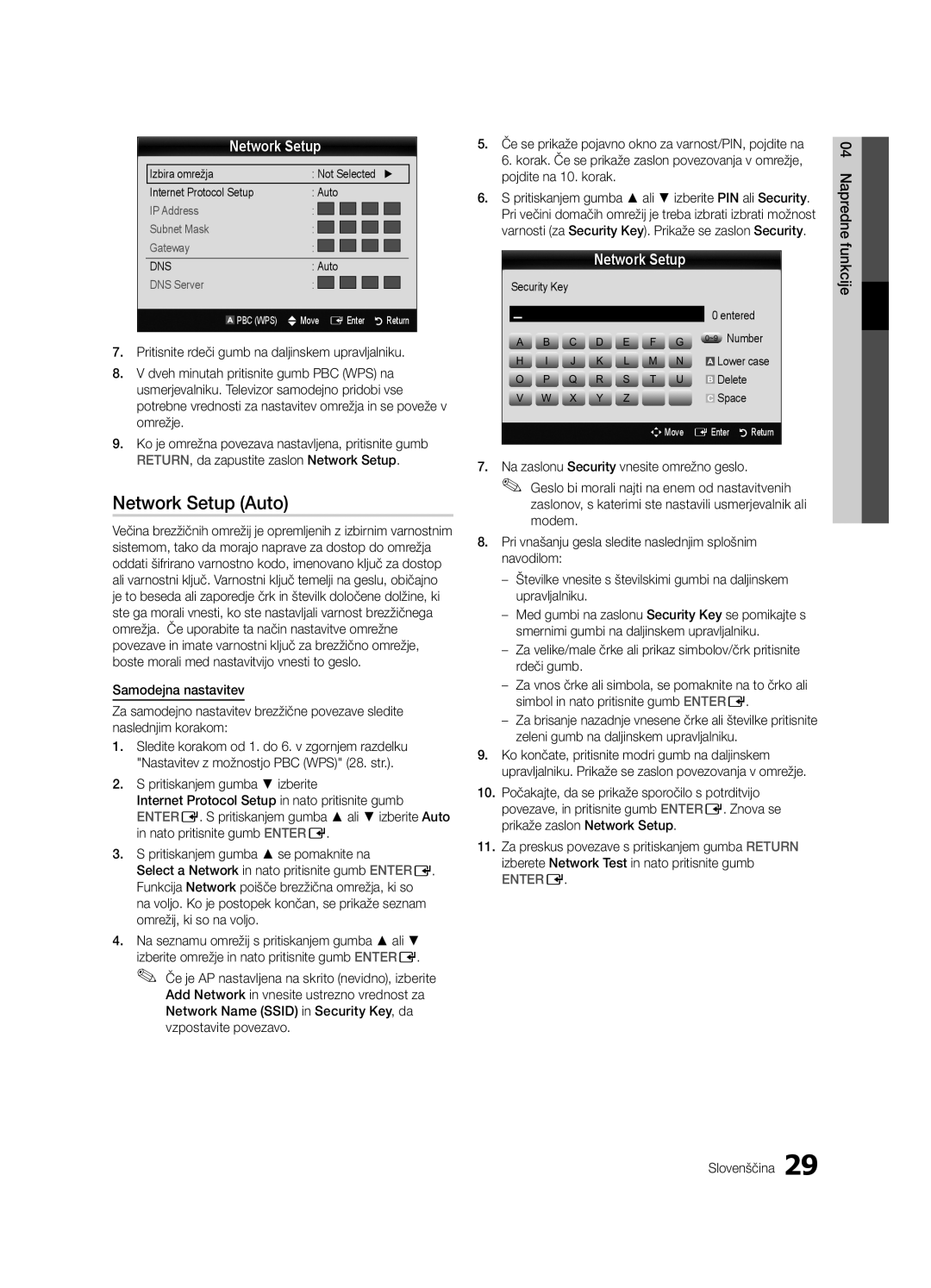 Samsung UE32C6540SWXXC, UE37C6600UWXXC, UE32C6600UWXXH, UE46C6600UWXXC manual Network Setup, Napredne funkcije Slovenščina 