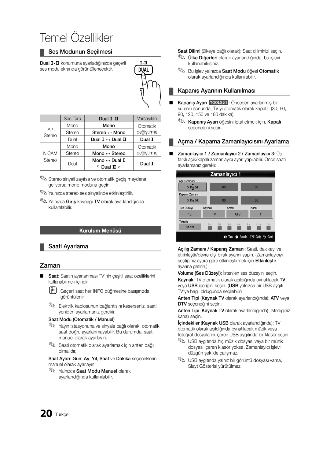 Samsung UE32C6620UWXXH, UE37C6600UWXXC manual Zaman, Ses Modunun Seçilmesi, Saati Ayarlama, Kapanış Ayarının Kullanılması 