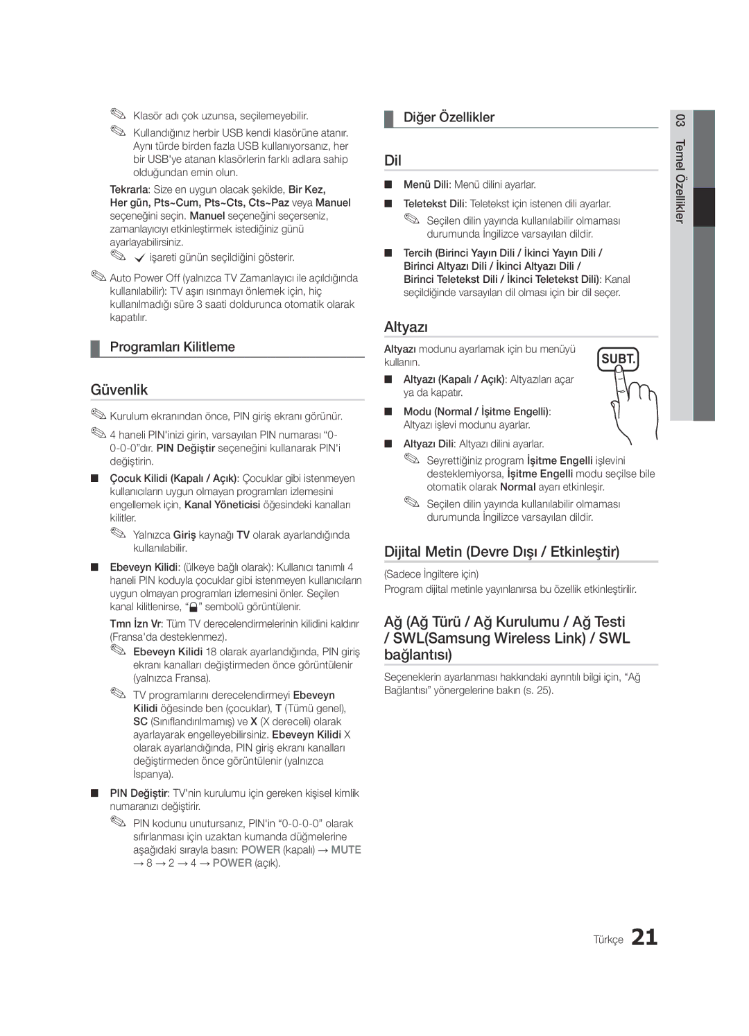 Samsung UE40C6620UWXXH manual Güvenlik, Dil, Altyazı, Dijital Metin Devre Dışı / Etkinleştir, Programları Kilitleme 