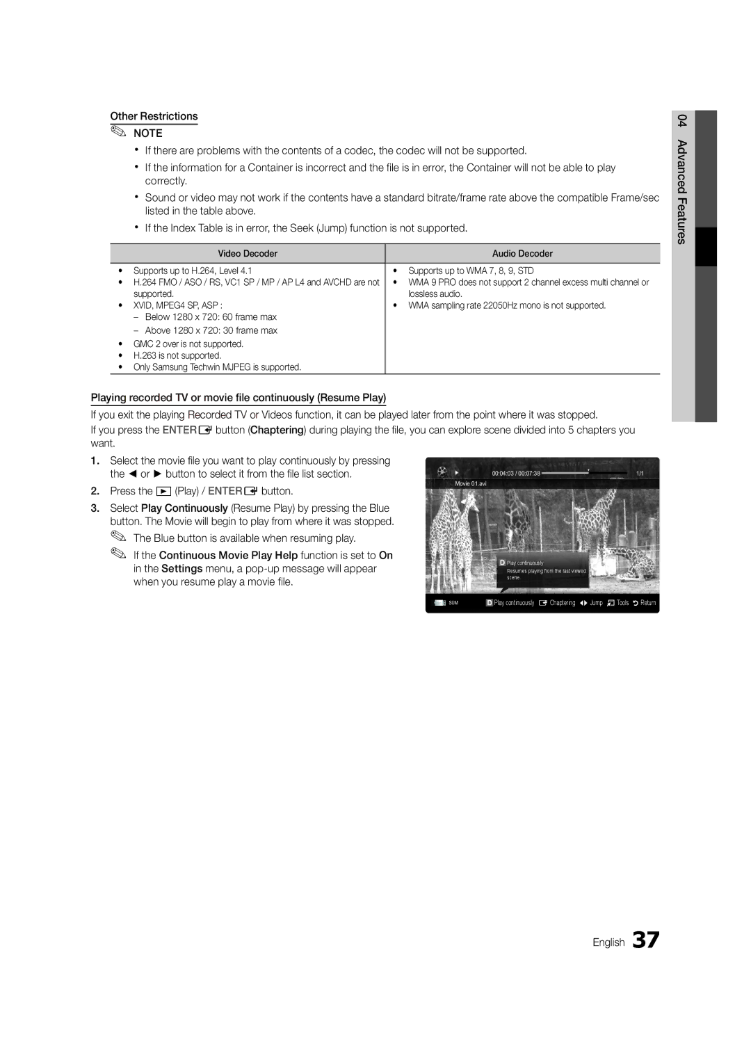 Samsung UE32C6600UWXXH, UE37C6600UWXXC manual Supported Lossless audio, WMA sampling rate 22050Hz mono is not supported 