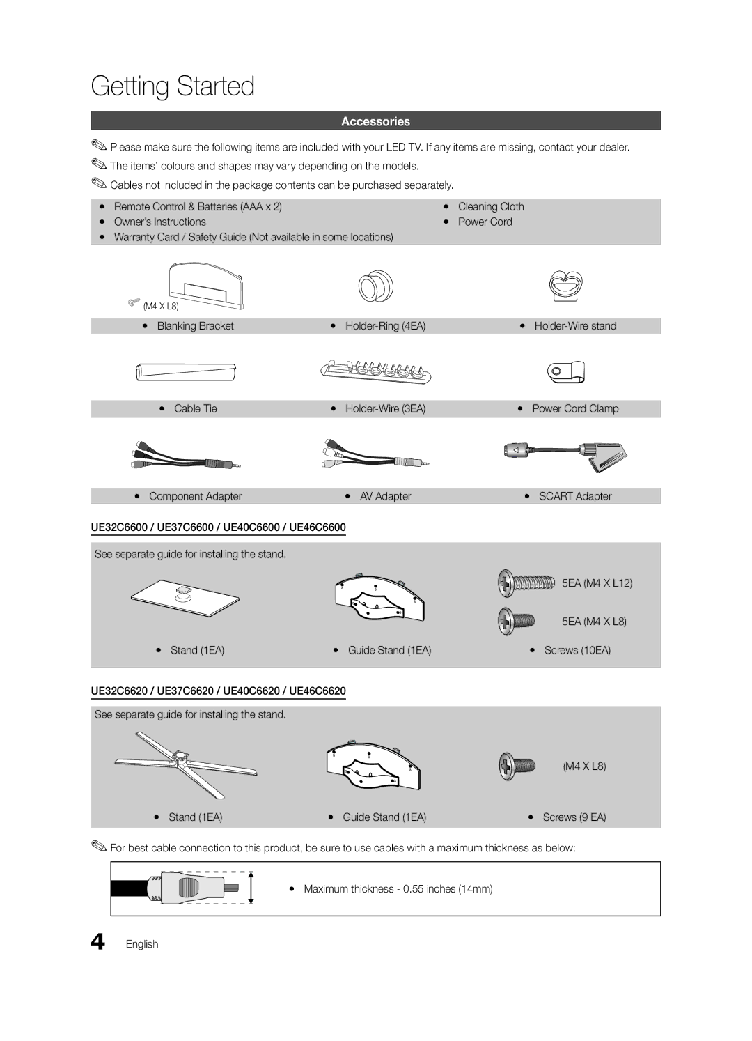 Samsung UE32C6600UWXXC manual Getting Started, Accessories, Yy Blanking Bracket, Yy Cable Tie, Yy Component Adapter 