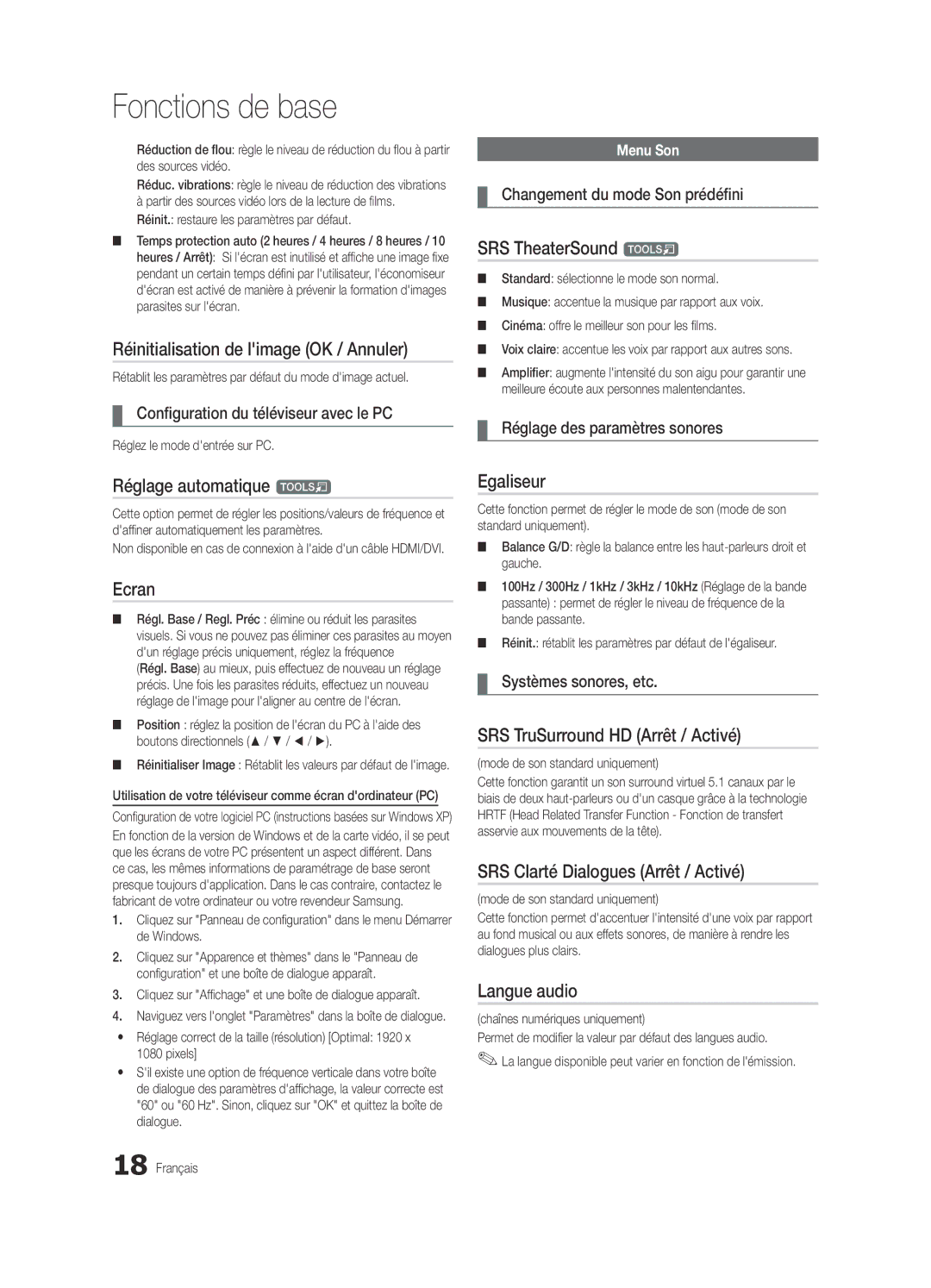 Samsung UE46C6620UWXXC Réinitialisation de limage OK / Annuler, Réglage automatique t, Ecran, Egaliseur, Langue audio 