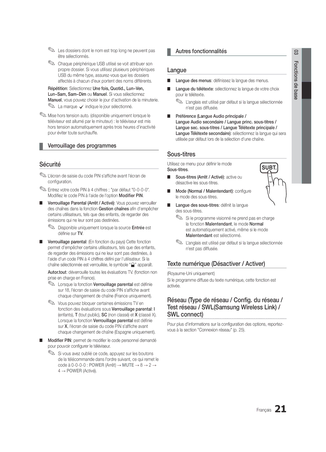 Samsung UE32C6540SWXXH Sécurité, Langue, Sous-titres, Texte numérique Désactiver / Activer, Verrouillage des programmes 