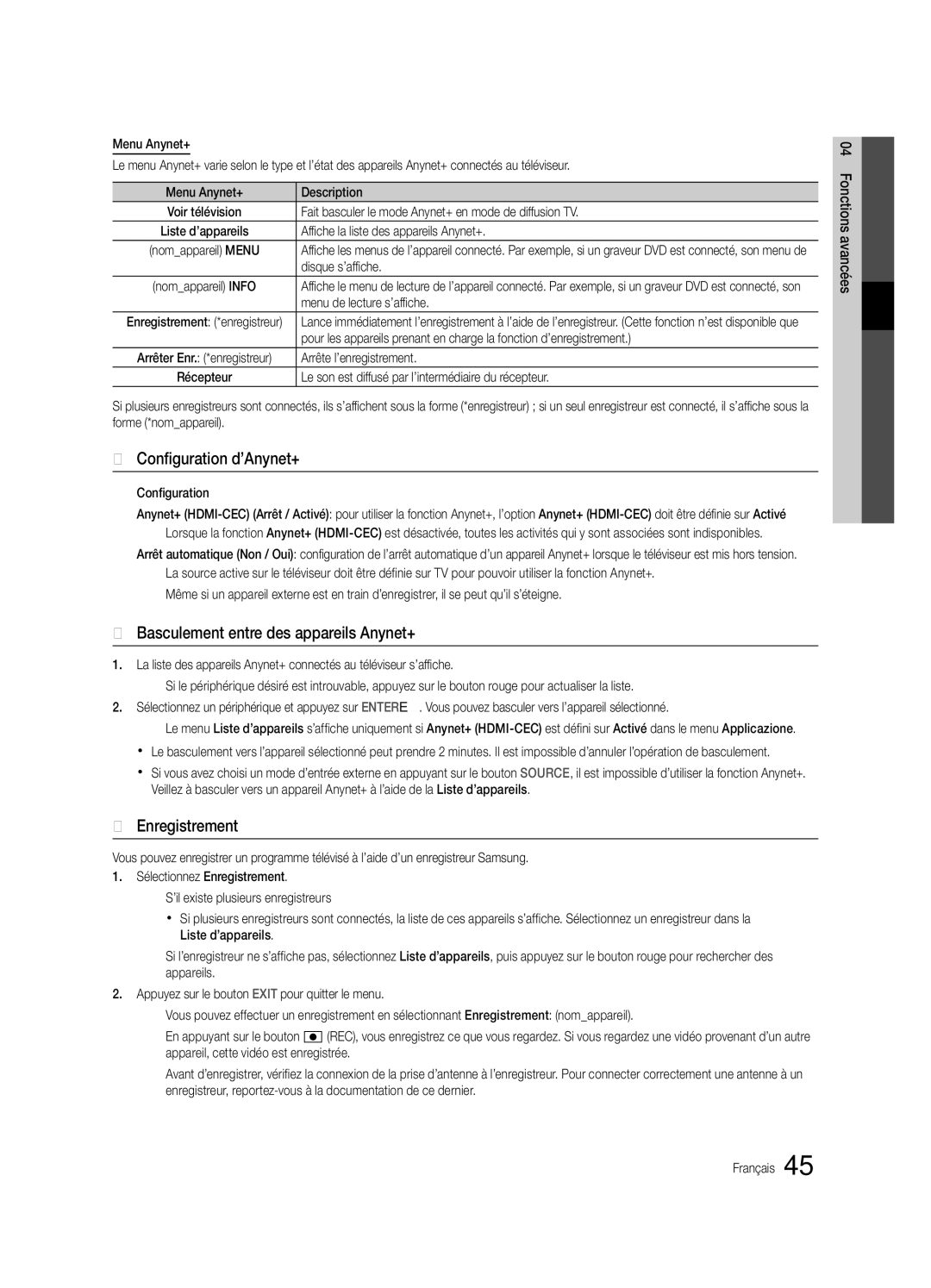 Samsung UE40C6800USXZG, UE37C6800USXZG Configuration d’Anynet+, Basculement entre des appareils Anynet+, Enregistrement 