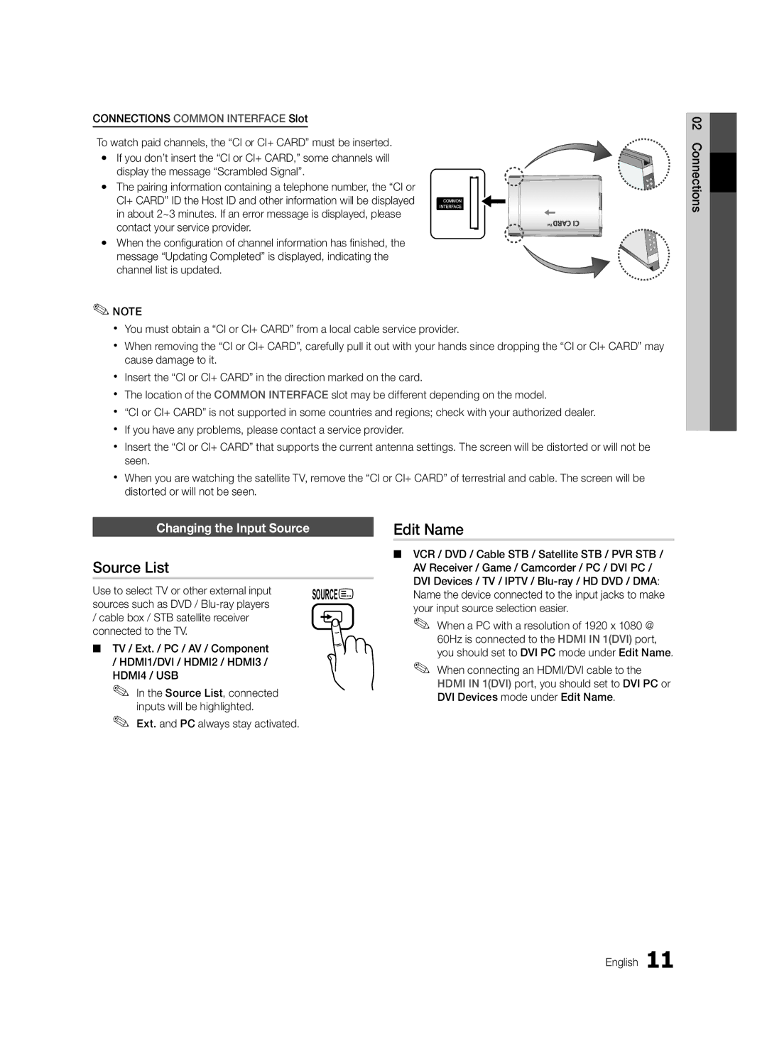 Samsung UE40C6800USXZF manual Source List, Edit Name, Changing the Input Source, Use to select TV or other external input 