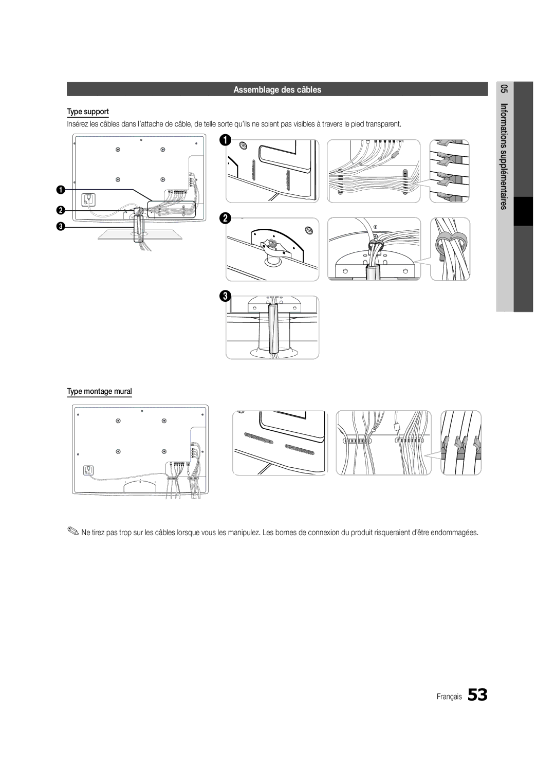 Samsung UE46C6820USXZF, UE37C6800USXZG, UE37C6820USXZG, UE32C6820USXZG manual Assemblage des câbles, Type montage mural 