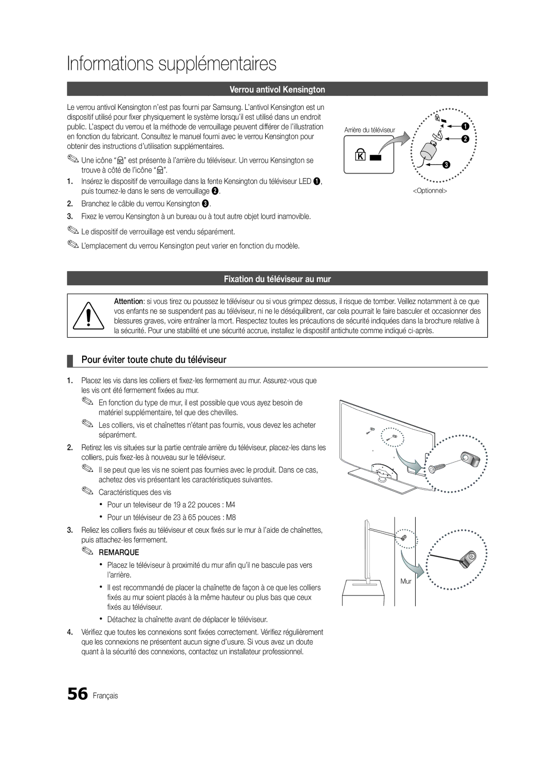 Samsung UE40C6880USXZG Pour éviter toute chute du téléviseur, Verrou antivol Kensington, Fixation du téléviseur au mur 