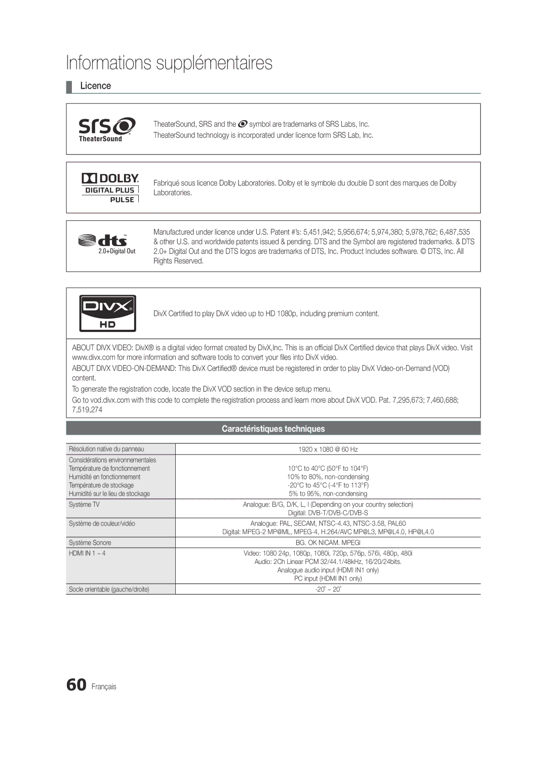 Samsung UE46C6820USXZG, UE37C6800USXZG, UE37C6820USXZG, UE32C6820USXZG, UE40C6820USXZG manual Caractéristiques techniques 