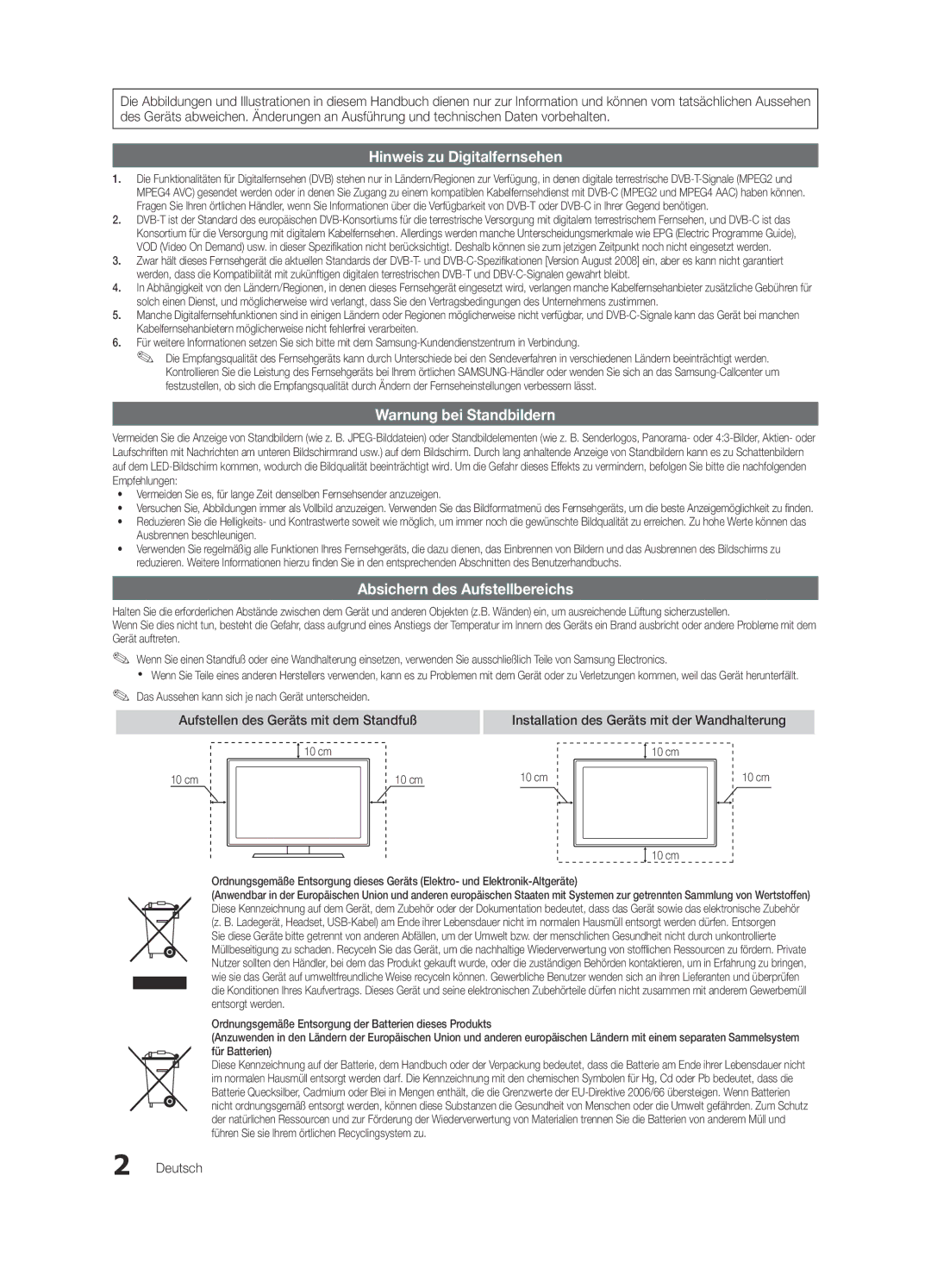 Samsung UE37C6820USXZF, UE37C6800USXZG Absichern des Aufstellbereichs, Aufstellen des Geräts mit dem Standfuß, Deutsch 