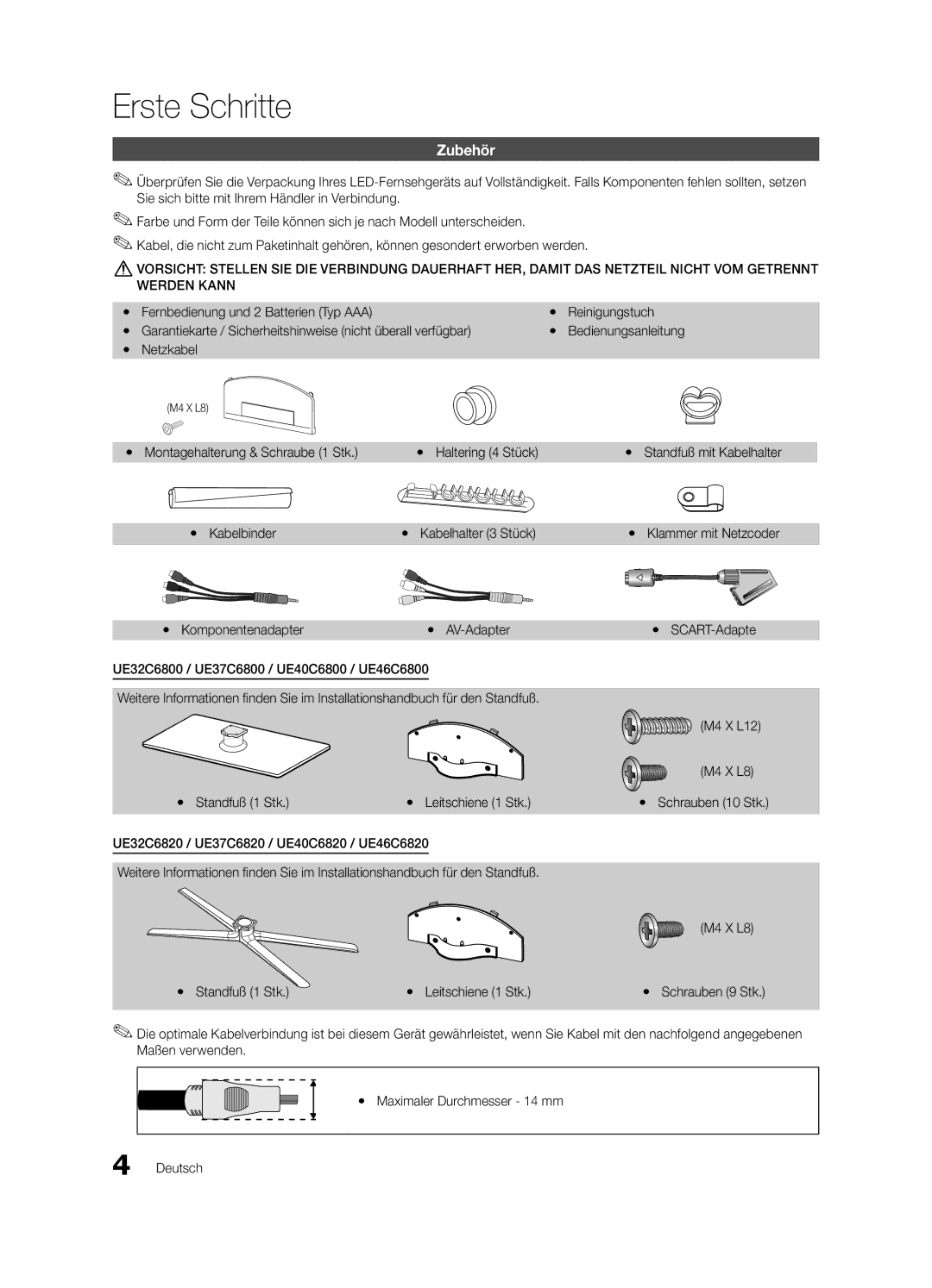 Samsung UE40C6820USXZF manual Erste Schritte, Zubehör, Reinigungstuch, Yy Montagehalterung & Schraube 1 Stk, Yy Kabelbinder 