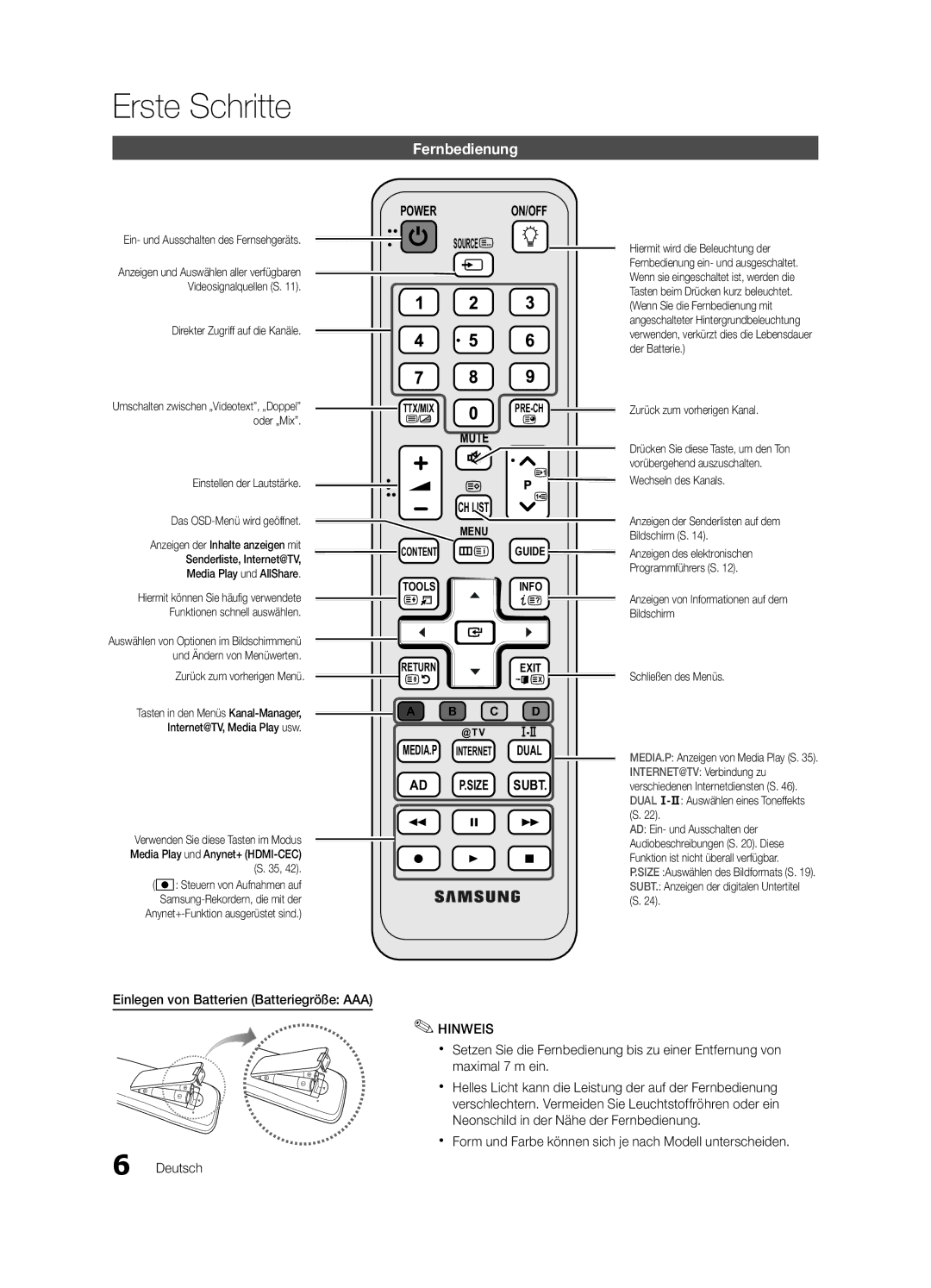 Samsung UE40C6800USXZF manual Fernbedienung, Einlegen von Batterien Batteriegröße AAA, Zurück zum vorherigen Kanal 