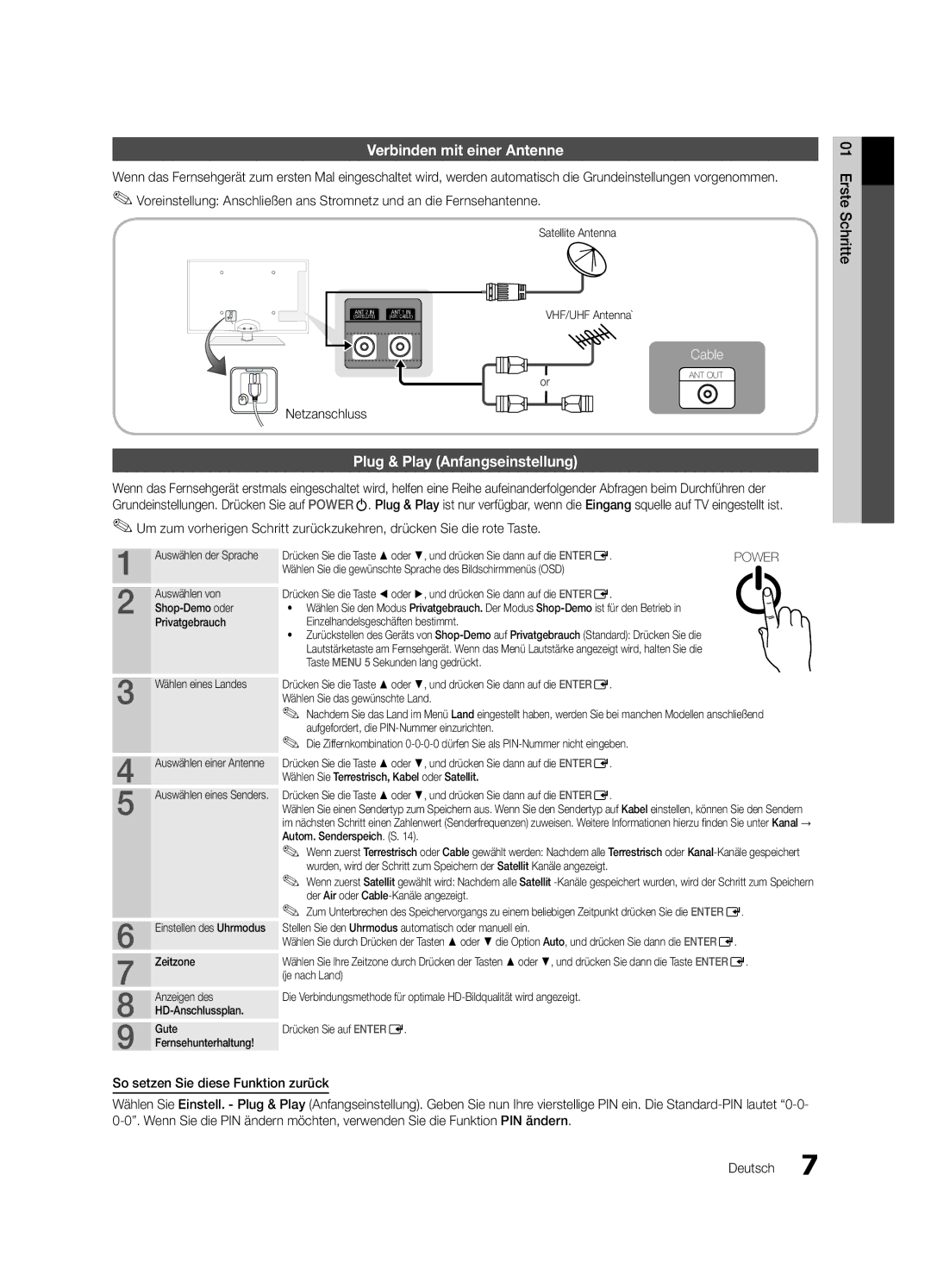 Samsung UE37C6800USXZF, UE37C6800USXZG manual Verbinden mit einer Antenne, Plug & Play Anfangseinstellung, Netzanschluss 