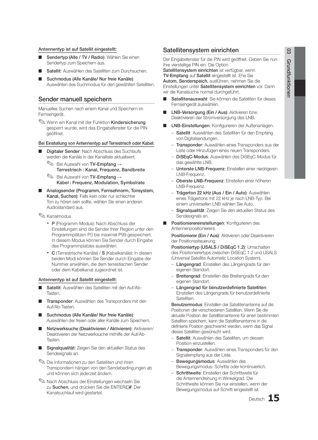 Samsung UE46C6820USXZG, UE37C6800USXZG manual Sender manuell speichern, Satellitensystem einrichten, Deutsch Grundfunktionen 