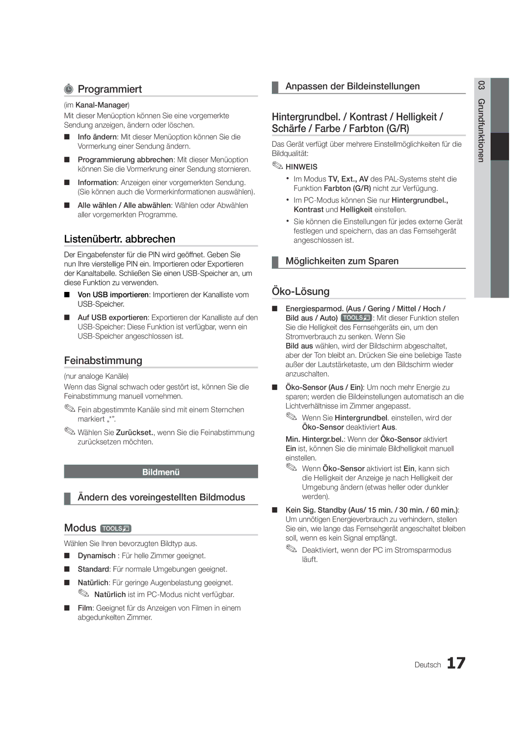 Samsung UE40C6800USXZG manual Programmiert, Listenübertr. abbrechen, Feinabstimmung, Modus t, Schärfe / Farbe / Farbton G/R 