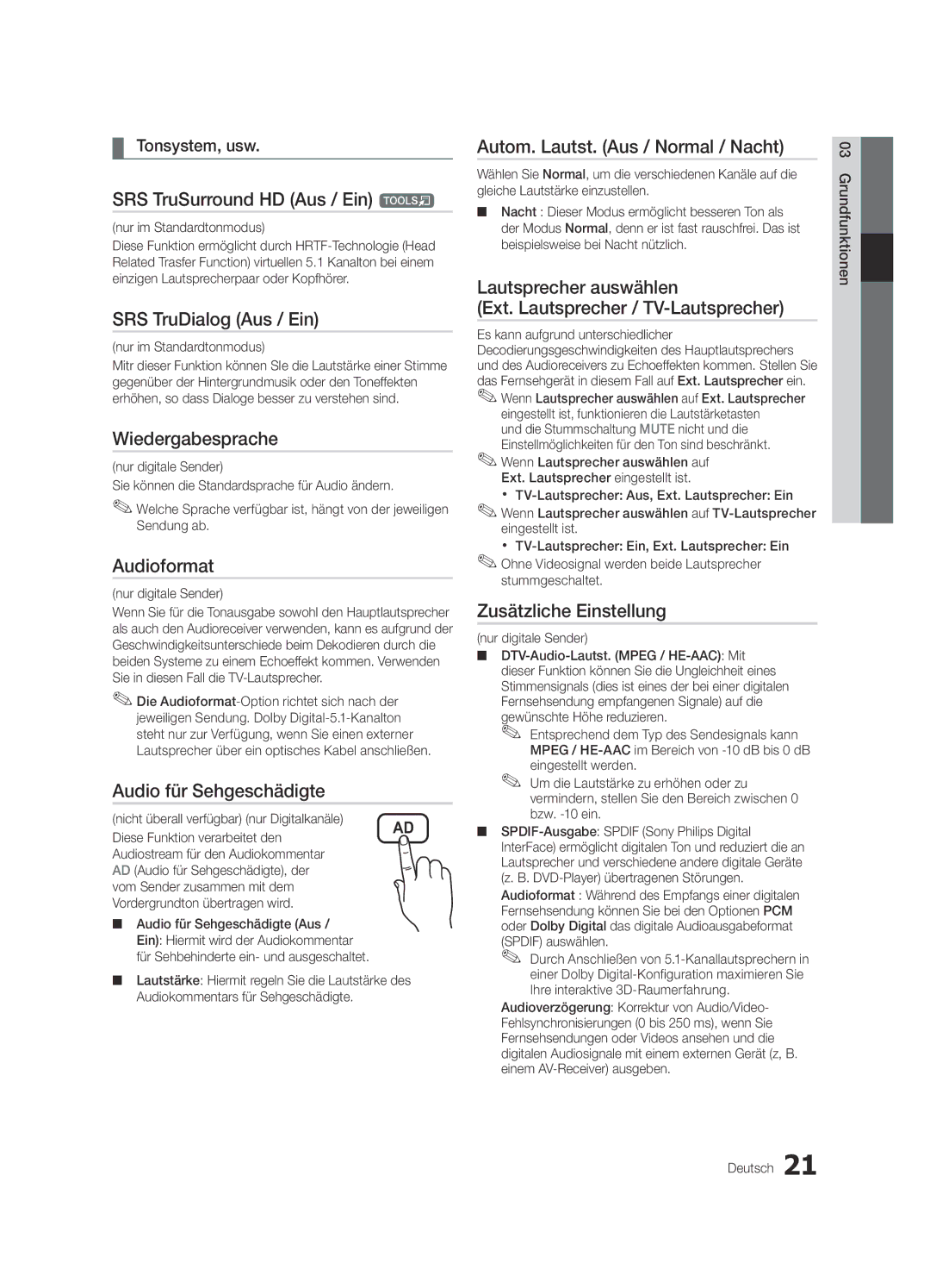 Samsung UE40C6820USXZF manual SRS TruSurround HD Aus / Ein t, SRS TruDialog Aus / Ein, Wiedergabesprache, Audioformat 