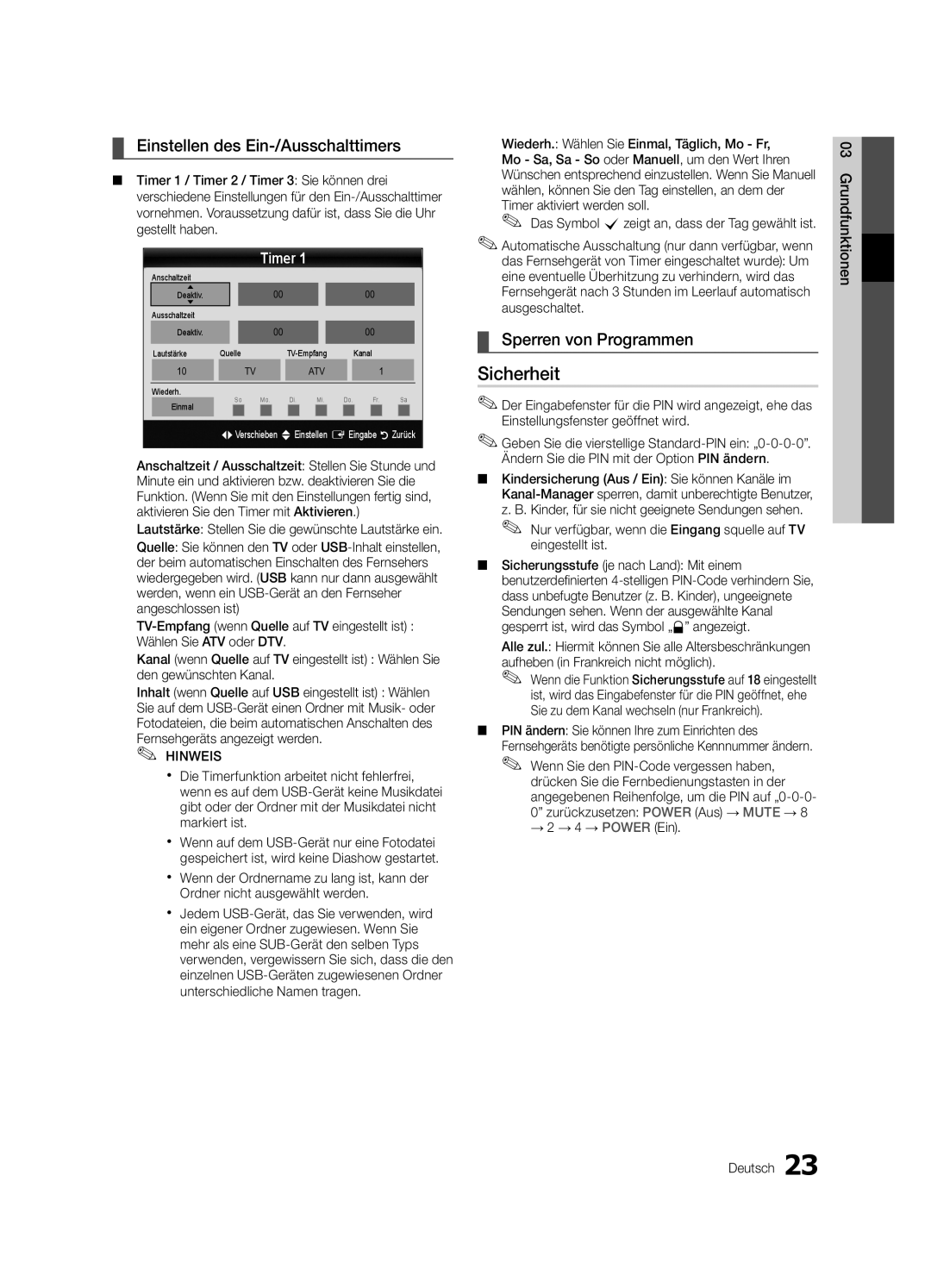 Samsung UE40C6800USXZF, UE37C6800USXZG manual Sicherheit, Einstellen des Ein-/Ausschalttimers, Sperren von Programmen 