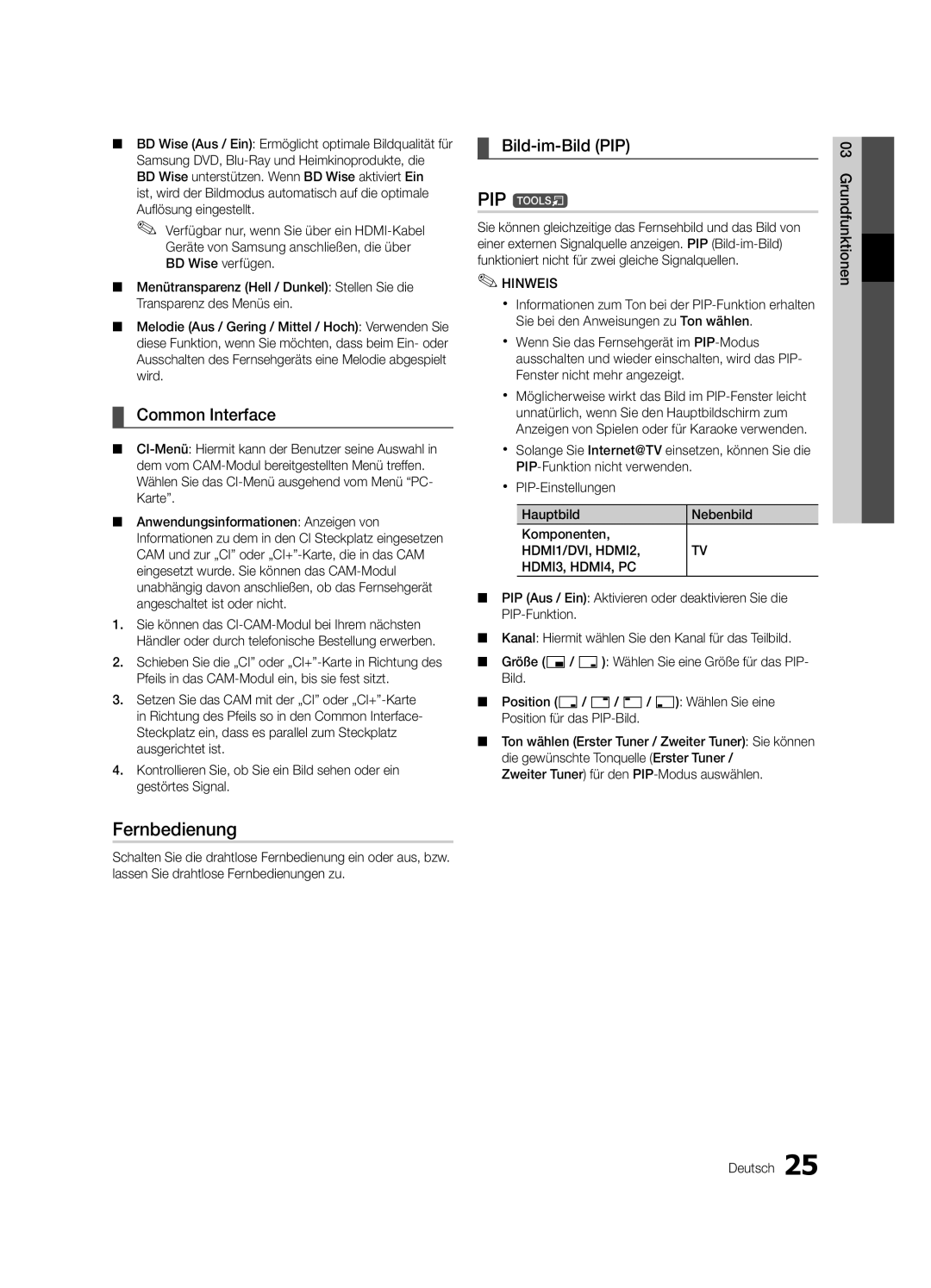 Samsung UE46C6820USXZF, UE37C6800USXZG, UE37C6820USXZG, UE32C6820USXZG, UE46C6820USXZG manual Fernbedienung, Bild-im-Bild PIP 