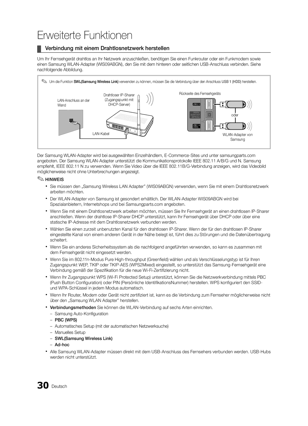 Samsung UE37C6820USXZG, UE37C6800USXZG, UE32C6820USXZG manual Verbindung mit einem Drahtlosnetzwerk herstellen, Wand, Oder 