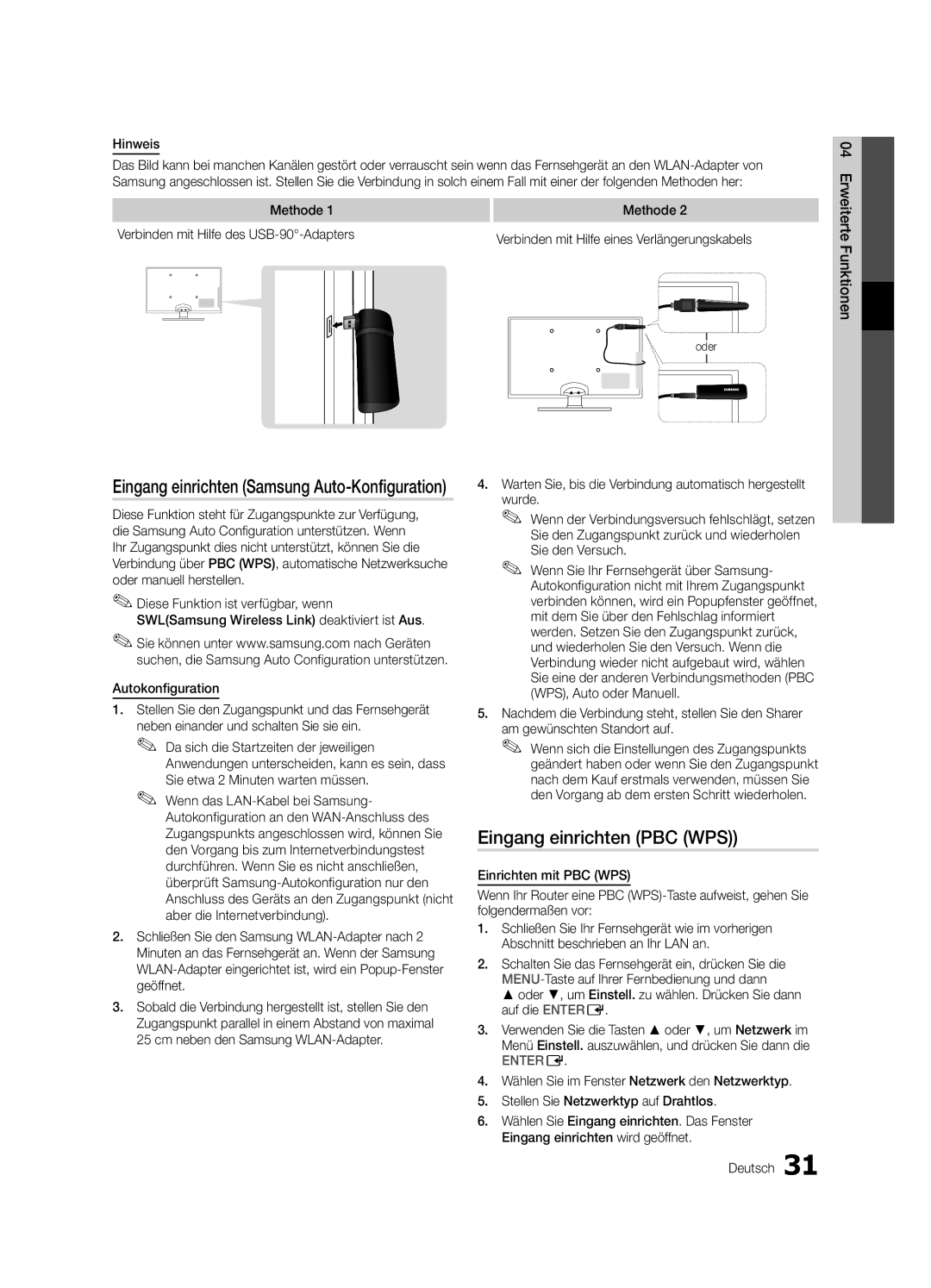 Samsung UE32C6820USXZG, UE37C6800USXZG manual Eingang einrichten PBC WPS, Eingang einrichten Samsung Auto-Konfiguration 