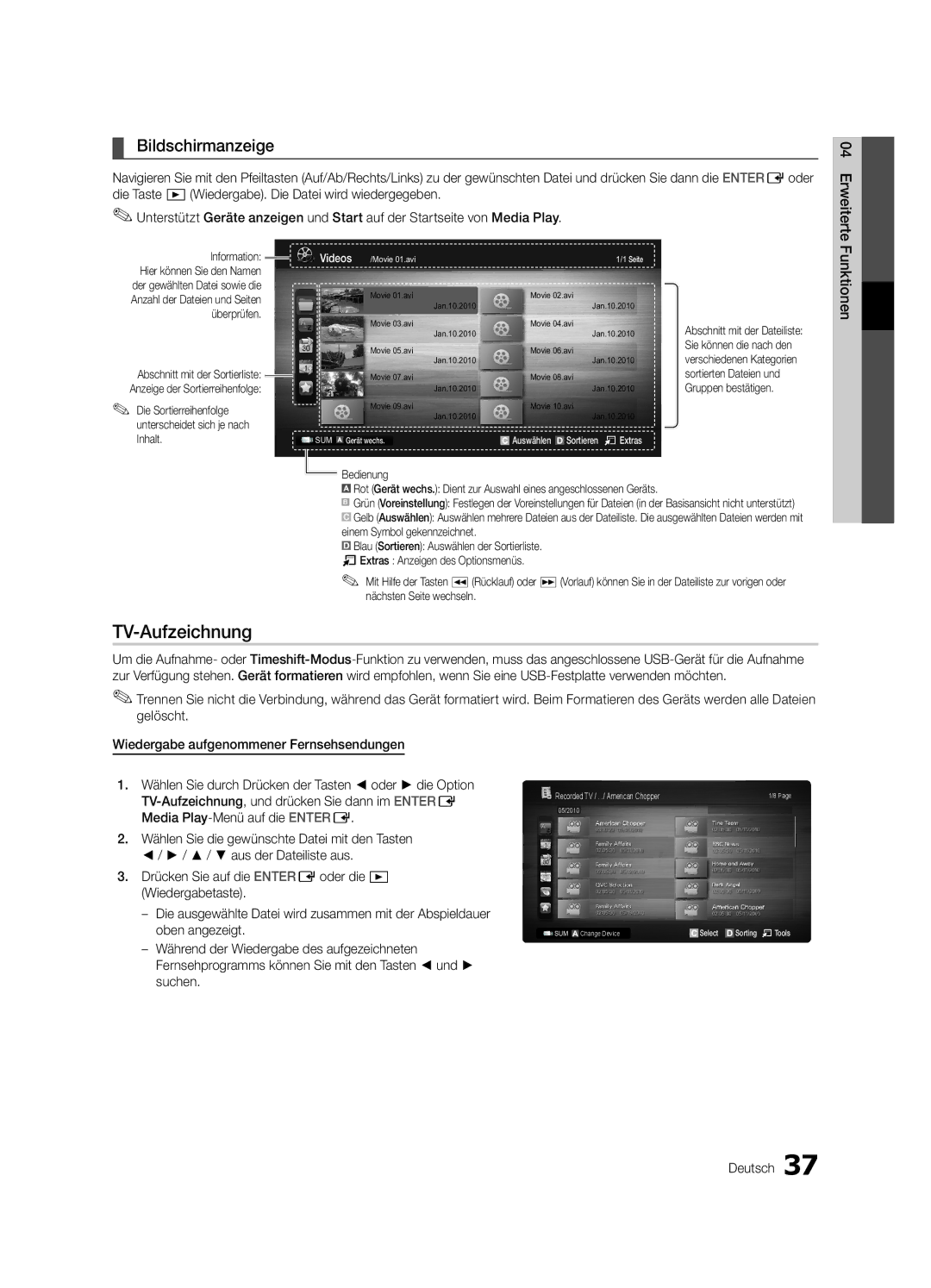 Samsung UE32C6820USXZF, UE37C6800USXZG, UE37C6820USXZG, UE32C6820USXZG manual TV-Aufzeichnung, Bildschirmanzeige, Funktionen 