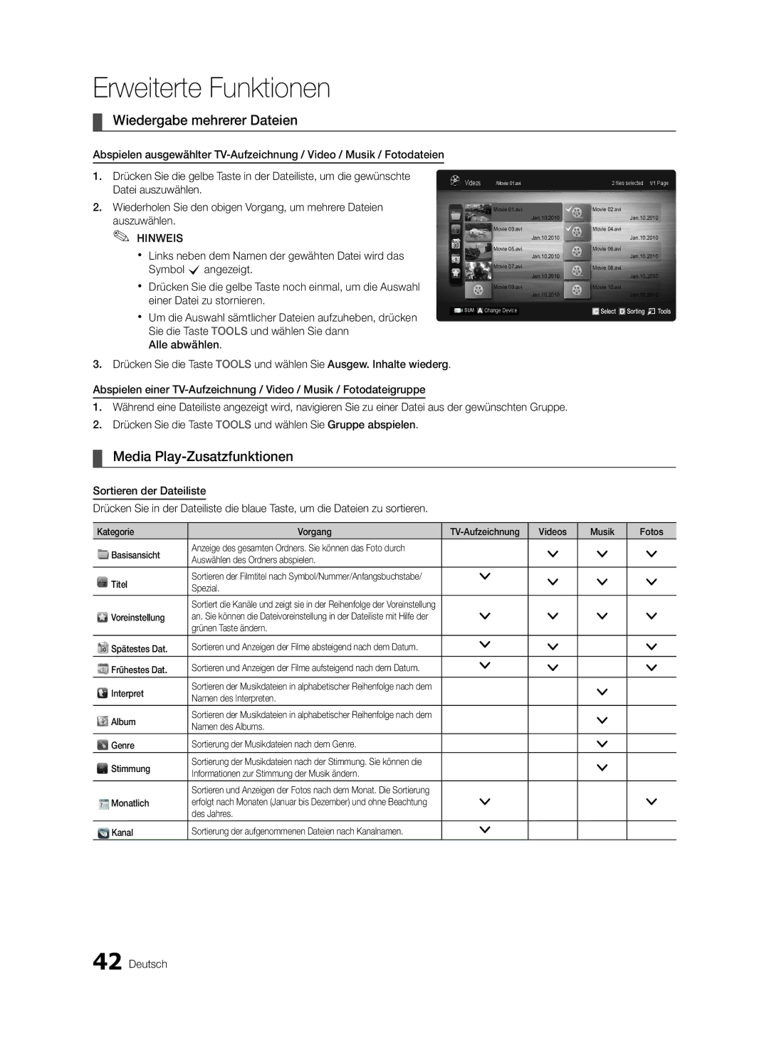 Samsung UE46C6820USXZF, UE37C6800USXZG manual Wiedergabe mehrerer Dateien, Media Play-Zusatzfunktionen, Datei auszuwählen 