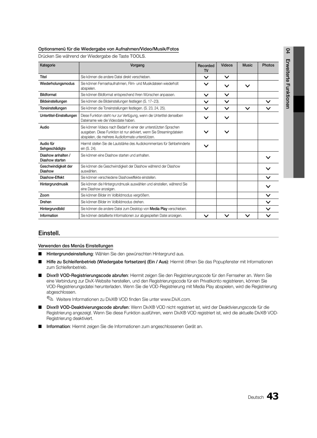 Samsung UE40C6805USXXE, UE37C6800USXZG manual Einstell, Abspielen Bildformat, Dateiname wie die Videodatei haben Audio 