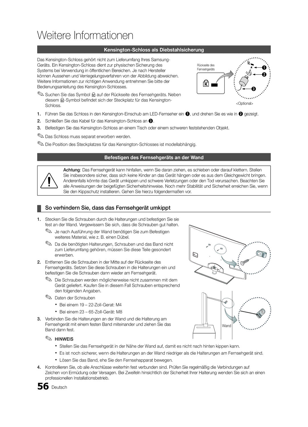 Samsung UE46C6800USXZF manual So verhindern Sie, dass das Fernsehgerät umkippt, Kensington-Schloss als Diebstahlsicherung 