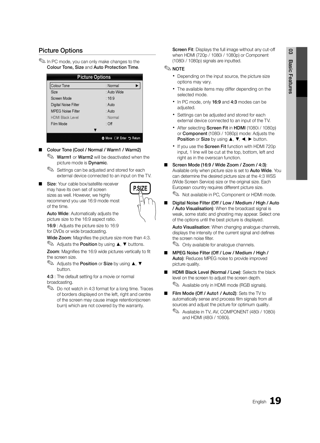 Samsung UE32C6820USXZG manual Picture Options, Size Your cable box/satellite receiver, May have its own set of screen 