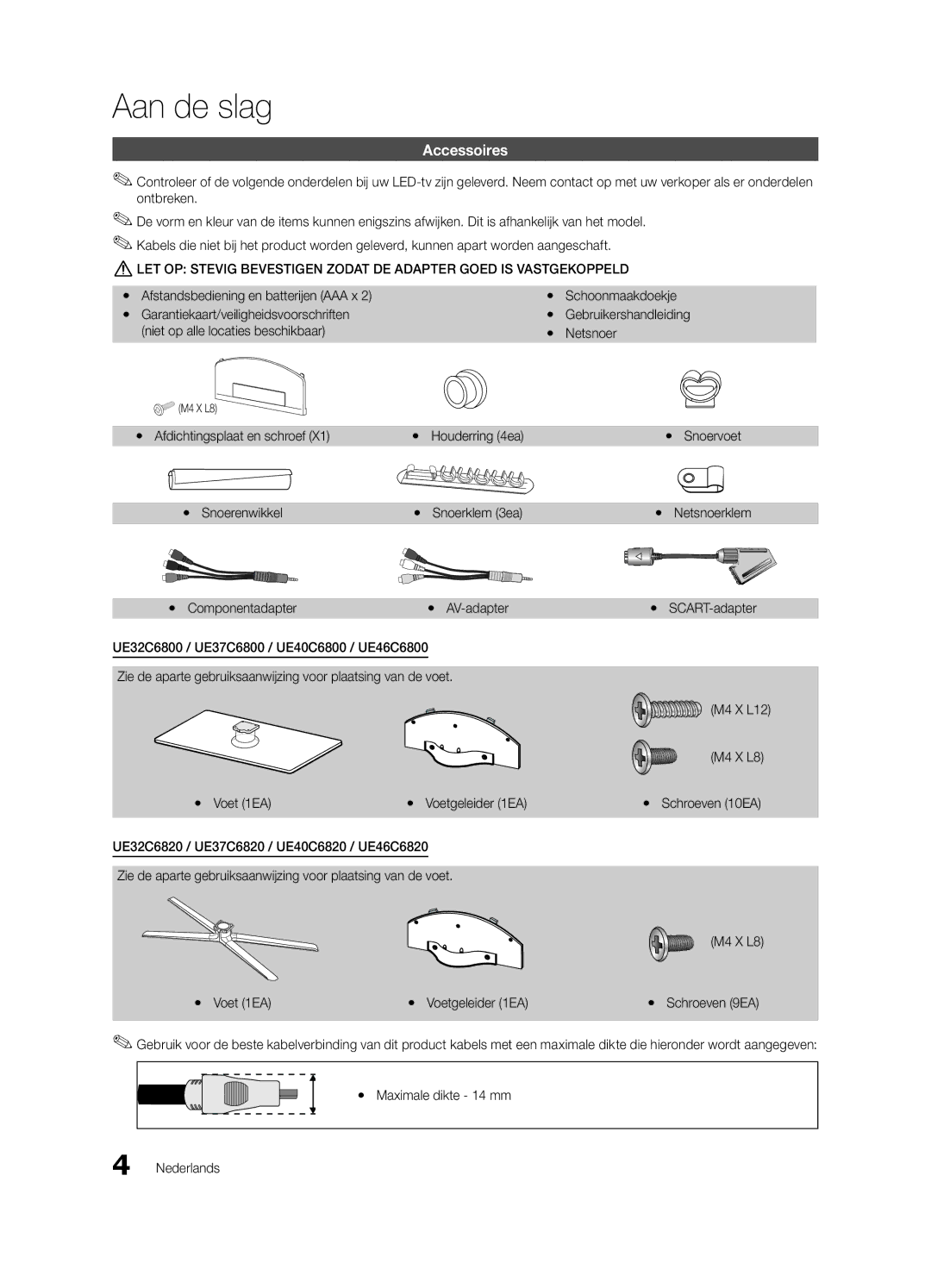 Samsung UE46C6820USXZG manual Aan de slag, Niet op alle locaties beschikbaar Netsnoer, Houderring 4ea, Snoerklem 3ea 