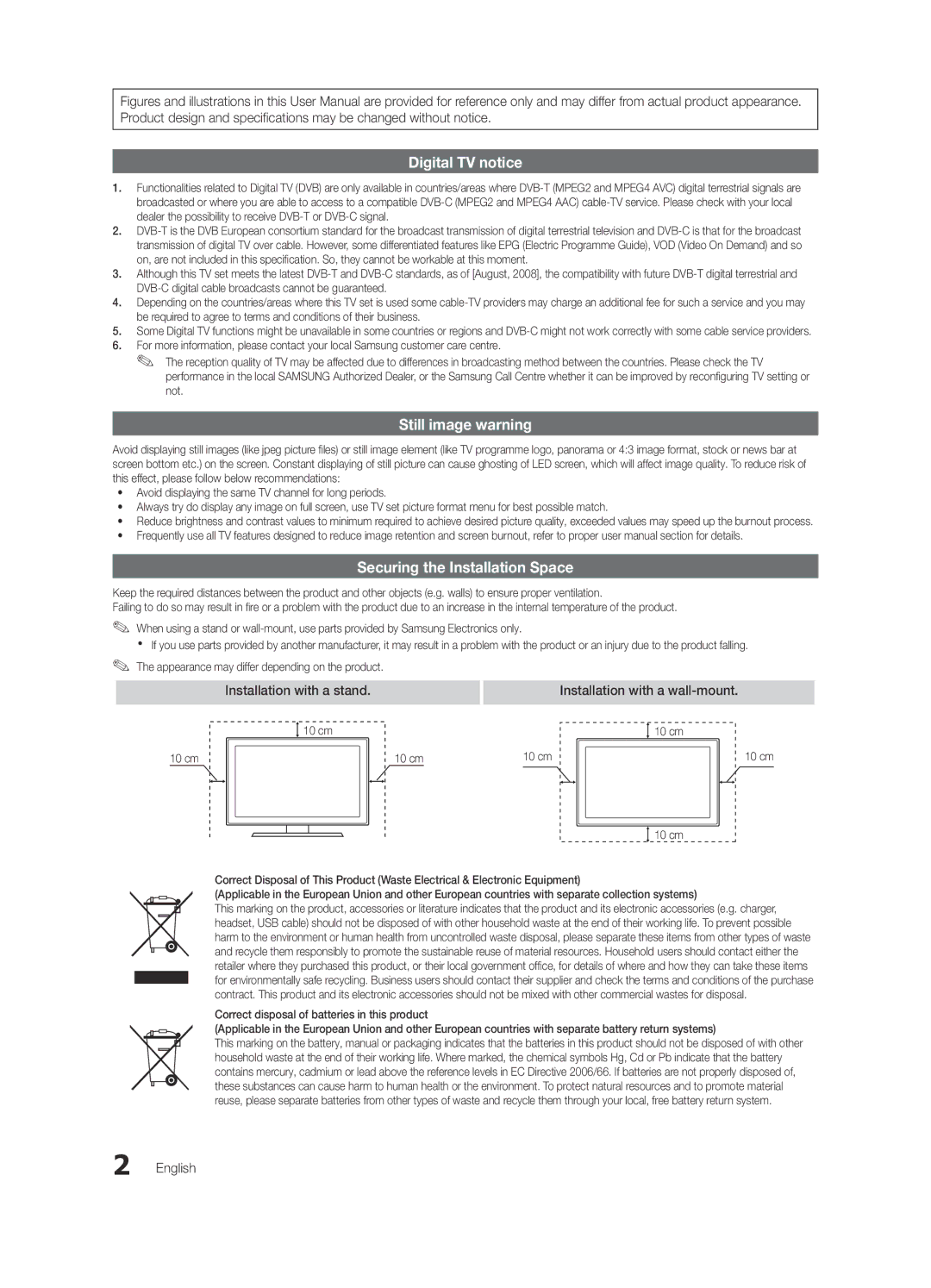 Samsung UE32C6820USXZG, UE37C6800USXZG, UE37C6820USXZG, UE46C6820USXZG manual Installation with a wall-mount, English, 10 cm 