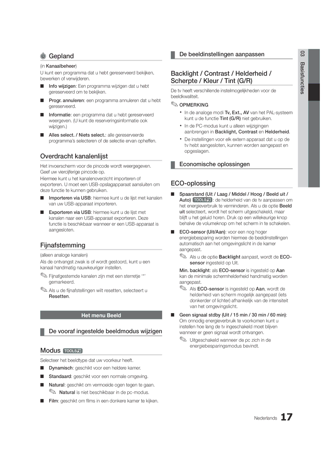 Samsung UE40C6880USXZG, UE37C6800USXZG, UE37C6820USXZG manual Gepland, Overdracht kanalenlijst, Fijnafstemming, ECO-oplossing 