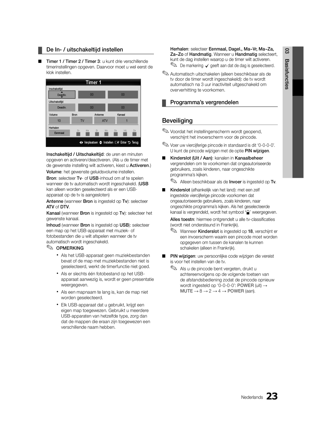 Samsung UE40C6800USXZG, UE37C6800USXZG manual Beveiliging, De In- / uitschakeltijd instellen, Programma’s vergrendelen 