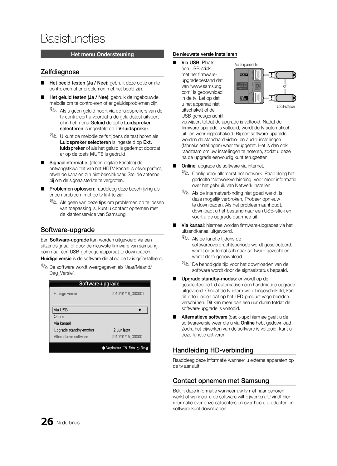 Samsung UE32C6820USXZF manual Zelfdiagnose, Software-upgrade, Handleiding HD-verbinding, Contact opnemen met Samsung 