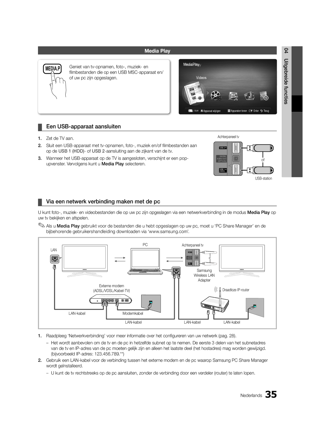 Samsung UE37C6800USXZG Een USB-apparaat aansluiten, Via een netwerk verbinding maken met de pc, Uw pc zijn opgeslagen 