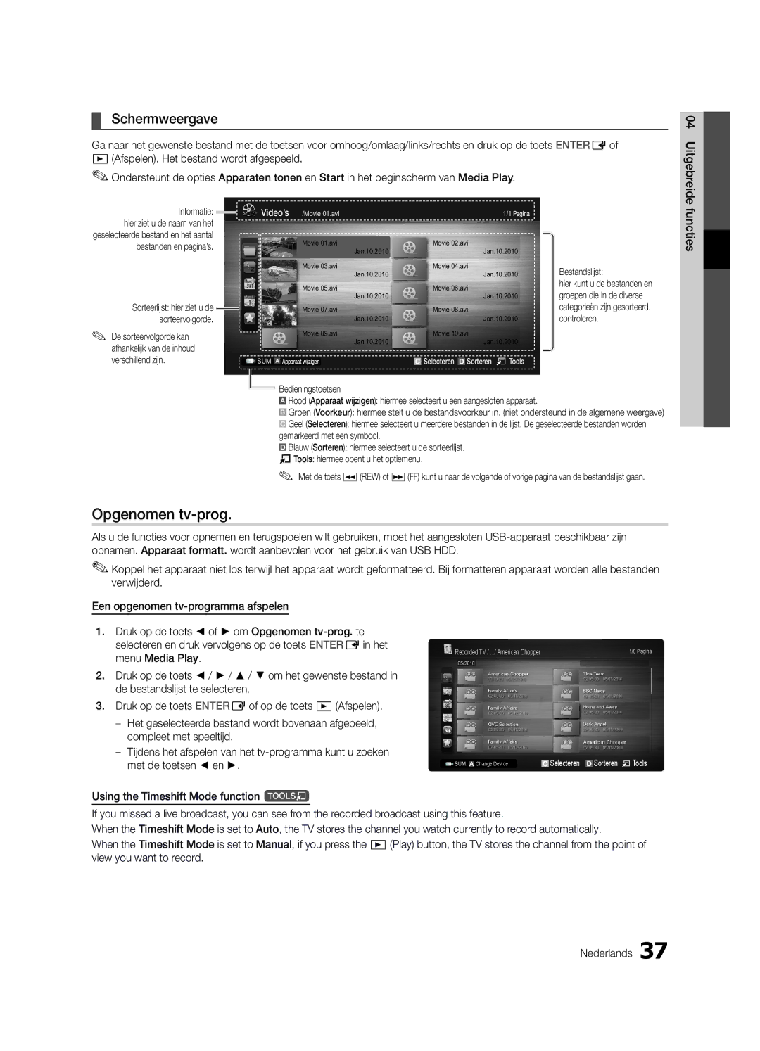 Samsung UE32C6820USXZG, UE37C6800USXZG, UE37C6820USXZG manual Opgenomen tv-prog, Schermweergave, Functies, Menu Media Play 