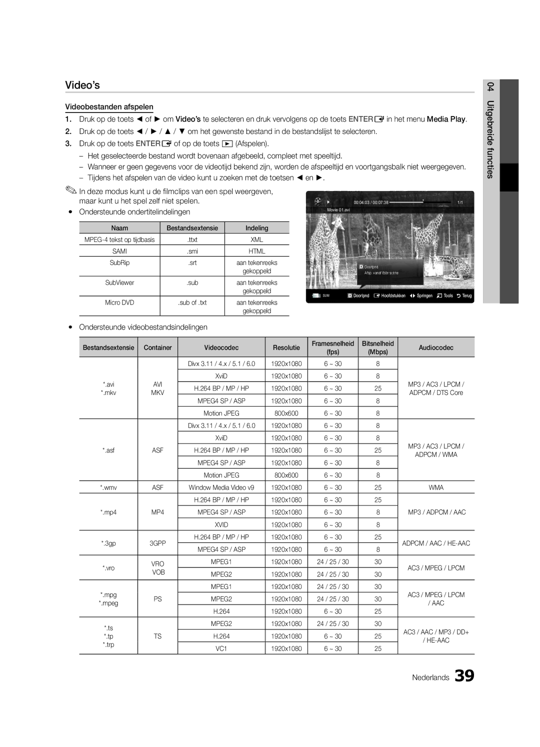 Samsung UE40C6820USXZG, UE37C6800USXZG Video’s, Yy Ondersteunde videobestandsindelingen, Naam Bestandsextensie Indeling 