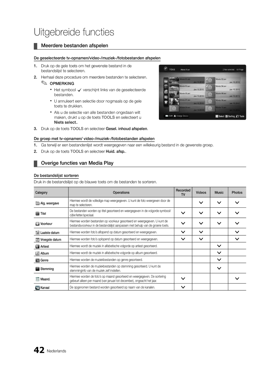 Samsung UE37C6820USXZF, UE37C6800USXZG, UE37C6820USXZG manual Meerdere bestanden afspelen, Overige functies van Media Play 