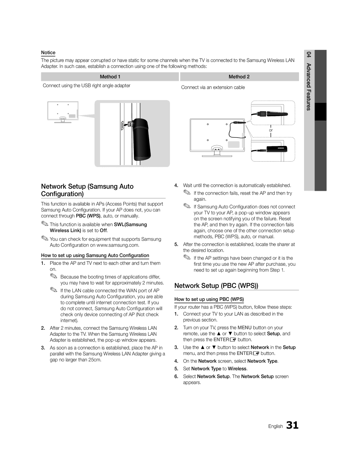 Samsung UE40C6805USXXE manual Network Setup Samsung Auto Configuration, Network Setup PBC WPS, Again, Desired location 