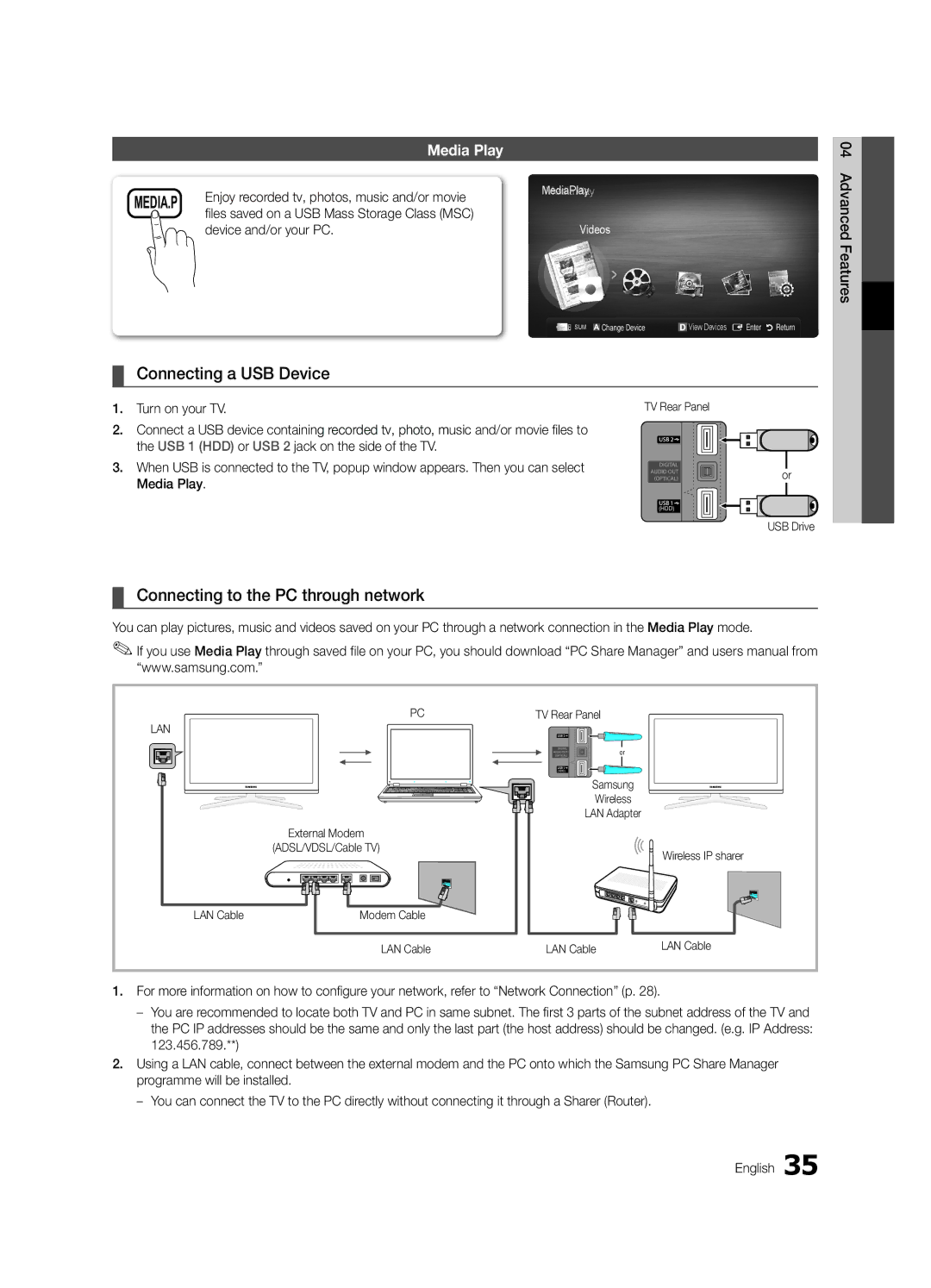 Samsung UE37C6820USXZG Connecting a USB Device, Connecting to the PC through network, Media Play, Device and/or your PC 