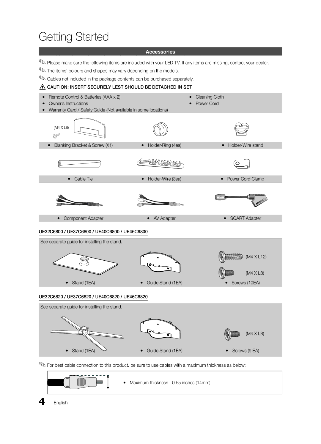 Samsung UE40C6820USXZG, UE37C6800USXZG manual Getting Started, Accessories, Yy Blanking Bracket & Screw Yy Holder-Ring 4ea 