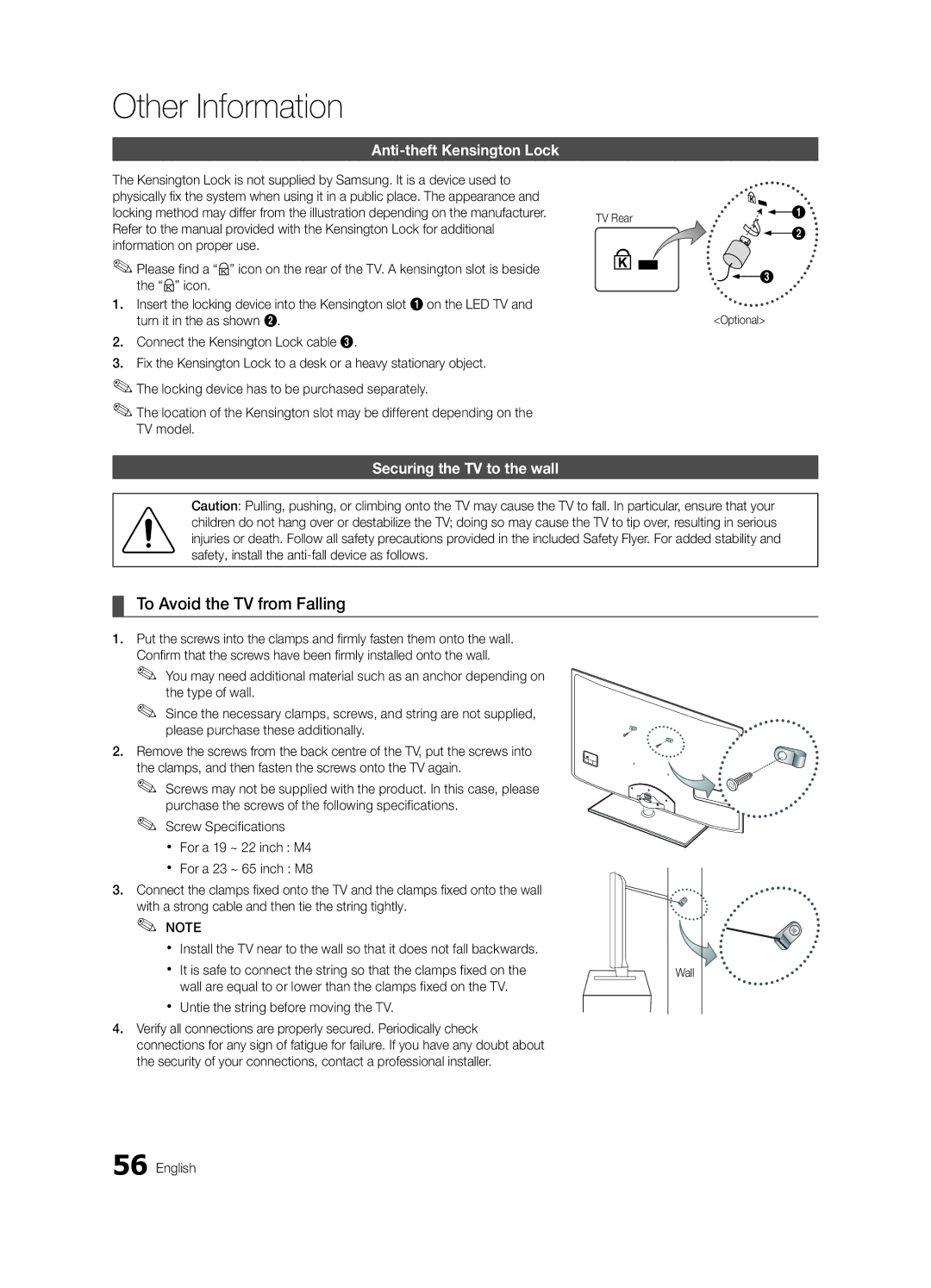 Samsung UE40C6800USXZG To Avoid the TV from Falling, Anti-theft Kensington Lock, Securing the TV to the wall, TV Rear 