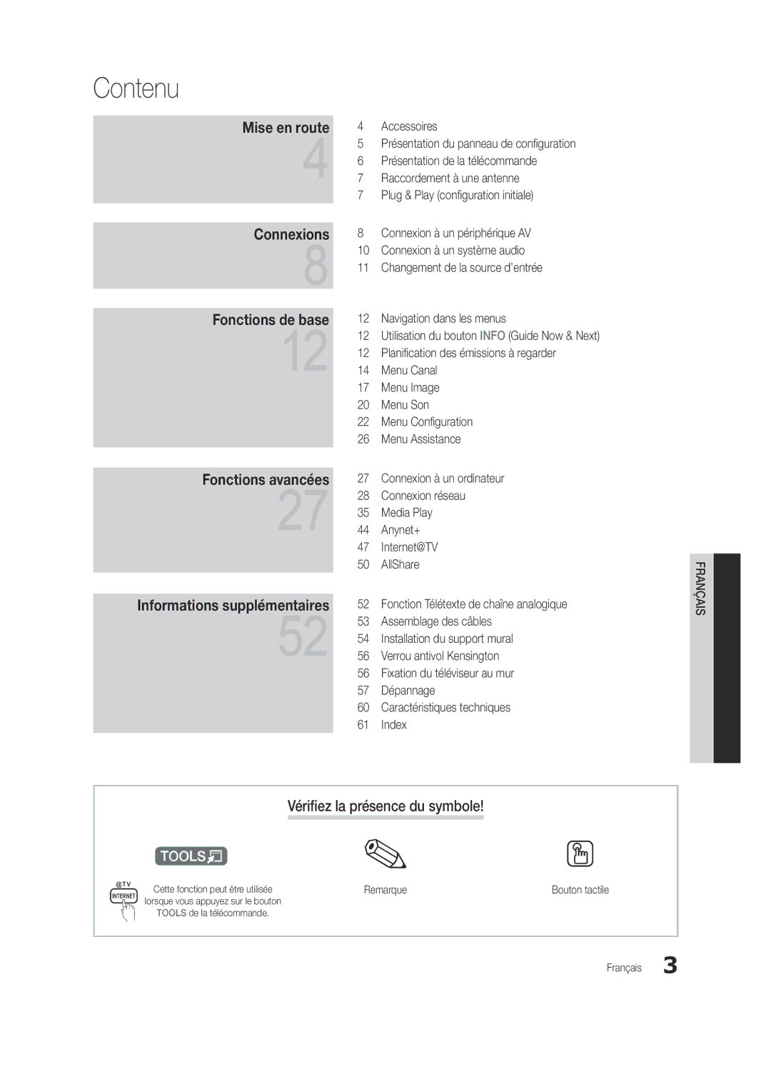 Samsung UE40C6805USXXE, UE37C6800USXZG, UE37C6820USXZG, UE32C6820USXZG Contenu, Vérifiez la présence du symbole, Remarque 