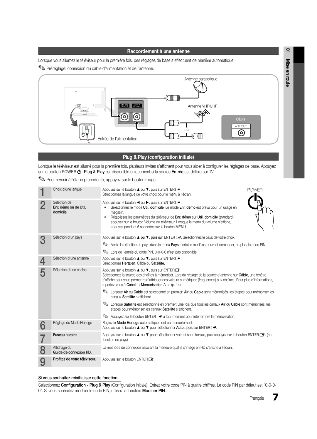 Samsung UE37C6820USXZG manual Raccordement à une antenne, Plug & Play configuration initiale, Entrée de l’alimentation 