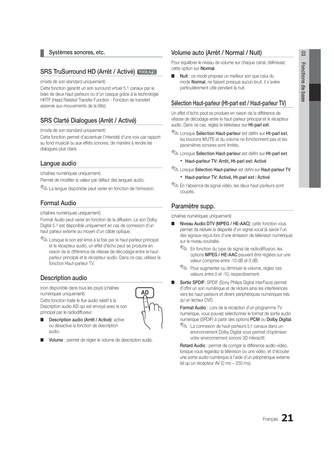 Samsung UE37C6825USXXE manual SRS TruSurround HD Arrêt / Activé t, SRS Clarté Dialogues Arrêt / Activé, Langue audio 